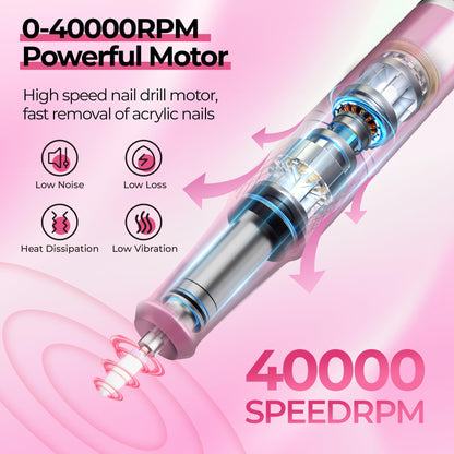 JOSGLOI 40000RPM Electric Nail File Drill Professional Kit, Drill Machine with LCD Display, Manicure Pedicure Polishing Acrylic Gel Nail Grinder for Salon, Home Use - SkinNails&Makeup