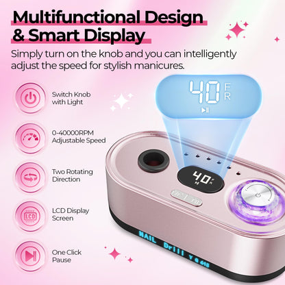JOSGLOI 40000RPM Electric Nail File Drill Professional Kit, Drill Machine with LCD Display, Manicure Pedicure Polishing Acrylic Gel Nail Grinder for Salon, Home Use - SkinNails&Makeup