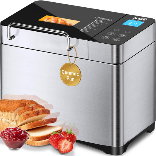 KBS Pro 710W 2LB Bread Maker, Stainless Steel 17 - in - 1 Smart Bread Machine with Healthy Ceramic Pan, Automatic Nut Dispenser, Tempered Glass Touch Panel, 3 Crust Colors, 15H Timer& Keep - Warm, Recipes - SkinNails&Makeup