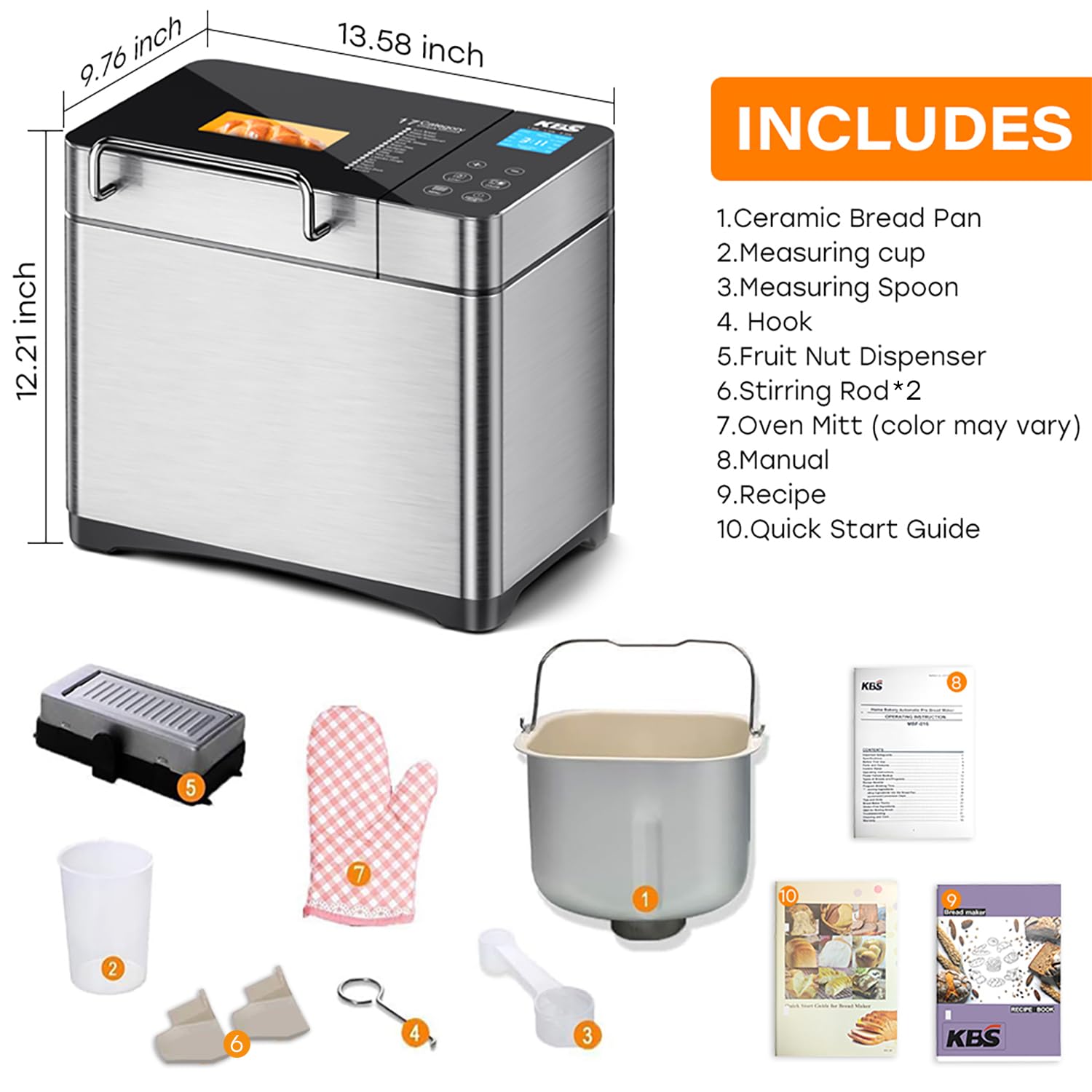 KBS Pro 710W 2LB Bread Maker, Stainless Steel 17 - in - 1 Smart Bread Machine with Healthy Ceramic Pan, Automatic Nut Dispenser, Tempered Glass Touch Panel, 3 Crust Colors, 15H Timer& Keep - Warm, Recipes - SkinNails&Makeup