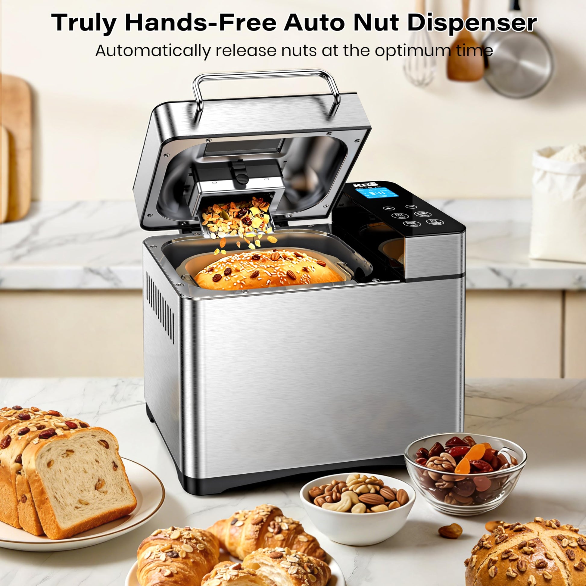 KBS Pro 710W 2LB Bread Maker, Stainless Steel 17 - in - 1 Smart Bread Machine with Healthy Ceramic Pan, Automatic Nut Dispenser, Tempered Glass Touch Panel, 3 Crust Colors, 15H Timer& Keep - Warm, Recipes - SkinNails&Makeup