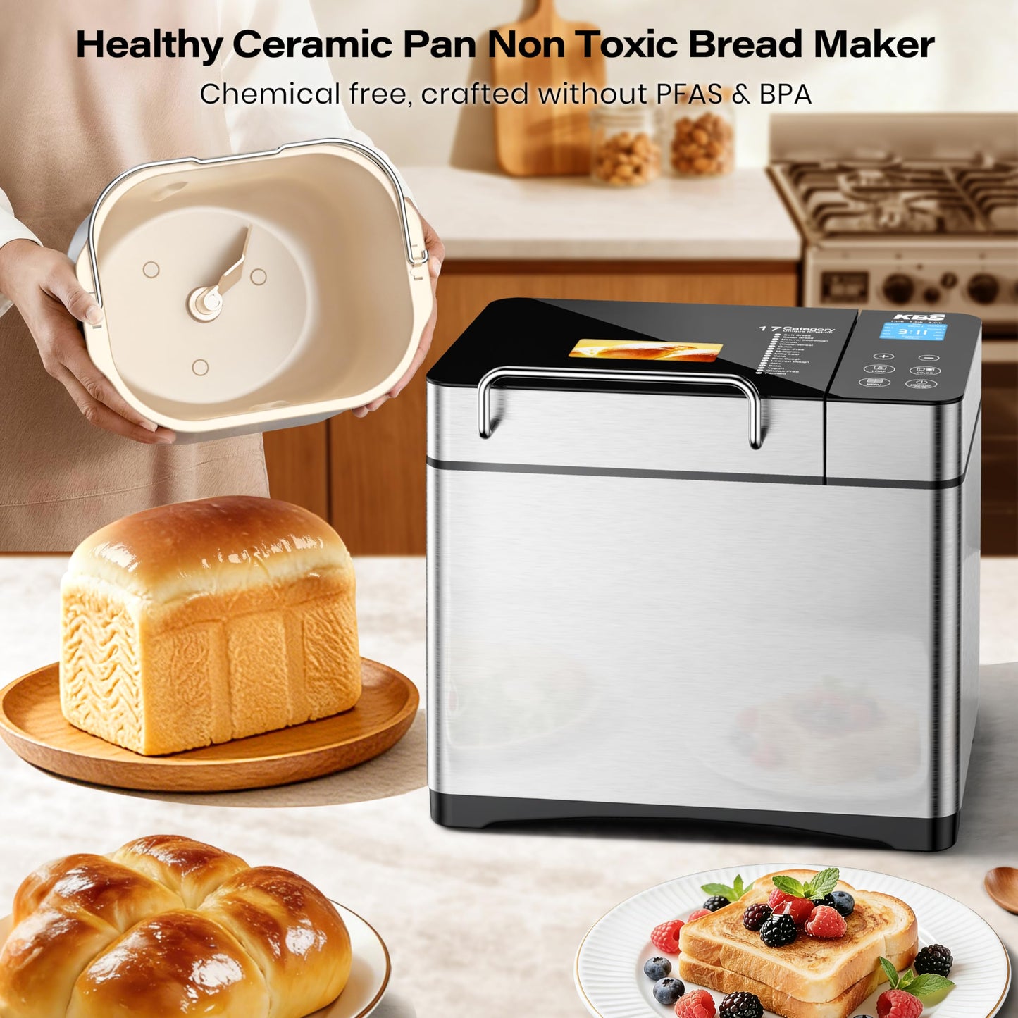 KBS Pro 710W 2LB Bread Maker, Stainless Steel 17 - in - 1 Smart Bread Machine with Healthy Ceramic Pan, Automatic Nut Dispenser, Tempered Glass Touch Panel, 3 Crust Colors, 15H Timer& Keep - Warm, Recipes - SkinNails&Makeup