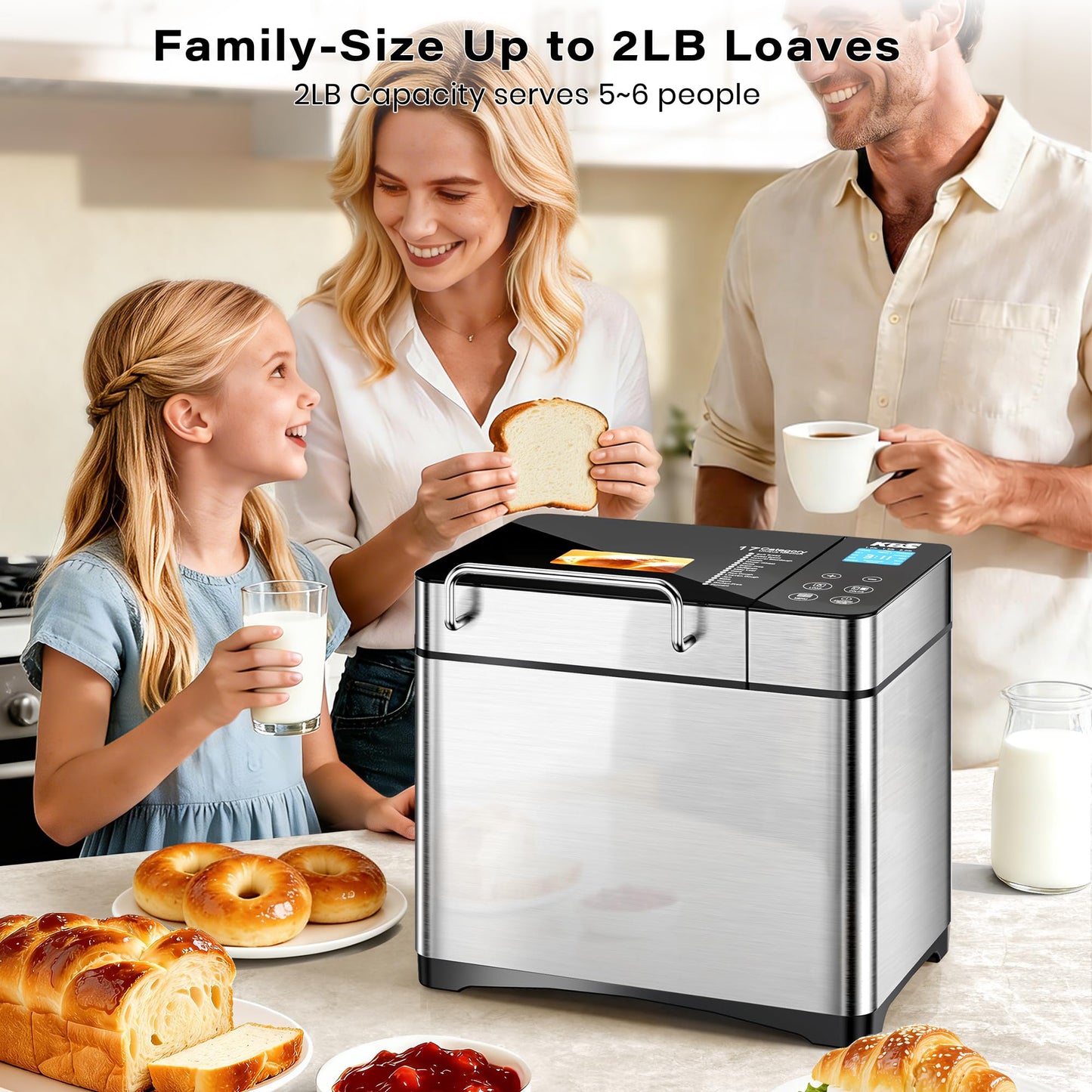 KBS Pro 710W 2LB Bread Maker, Stainless Steel 17 - in - 1 Smart Bread Machine with Healthy Ceramic Pan, Automatic Nut Dispenser, Tempered Glass Touch Panel, 3 Crust Colors, 15H Timer& Keep - Warm, Recipes - SkinNails&Makeup