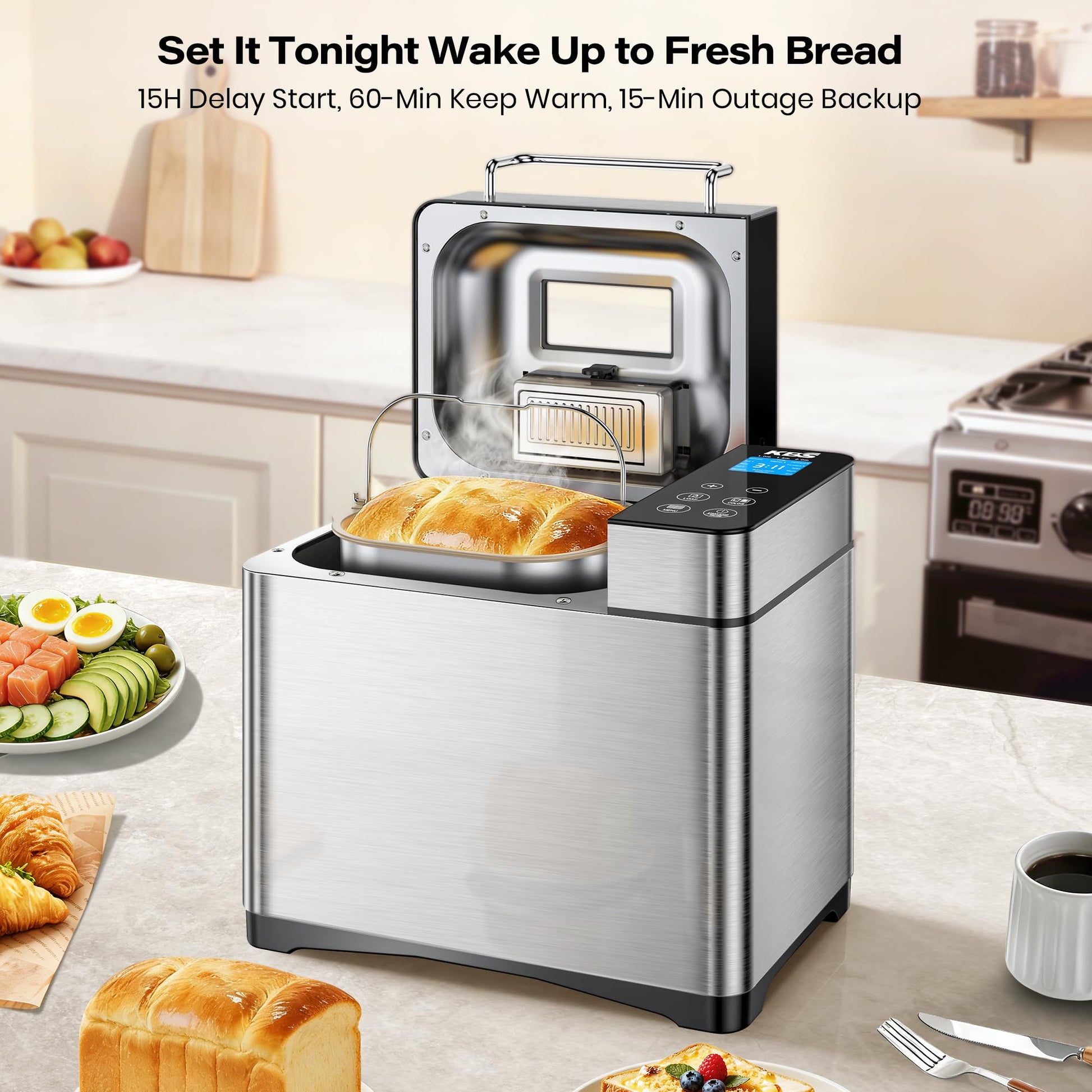 KBS Pro 710W 2LB Bread Maker, Stainless Steel 17 - in - 1 Smart Bread Machine with Healthy Ceramic Pan, Automatic Nut Dispenser, Tempered Glass Touch Panel, 3 Crust Colors, 15H Timer& Keep - Warm, Recipes - SkinNails&Makeup