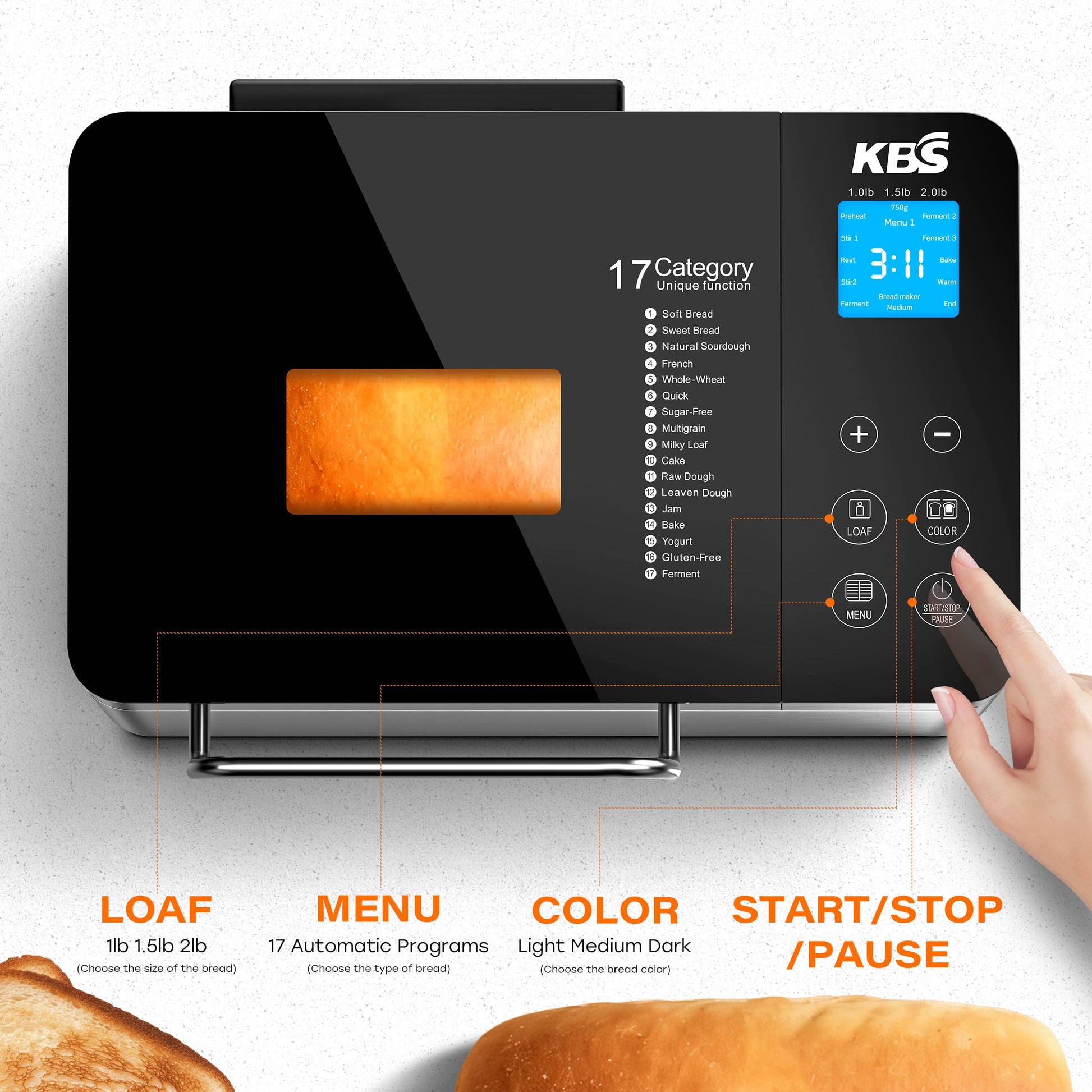 KBS Pro 710W 2LB Bread Maker, Stainless Steel 17 - in - 1 Smart Bread Machine with Healthy Ceramic Pan, Automatic Nut Dispenser, Tempered Glass Touch Panel, 3 Crust Colors, 15H Timer& Keep - Warm, Recipes - SkinNails&Makeup