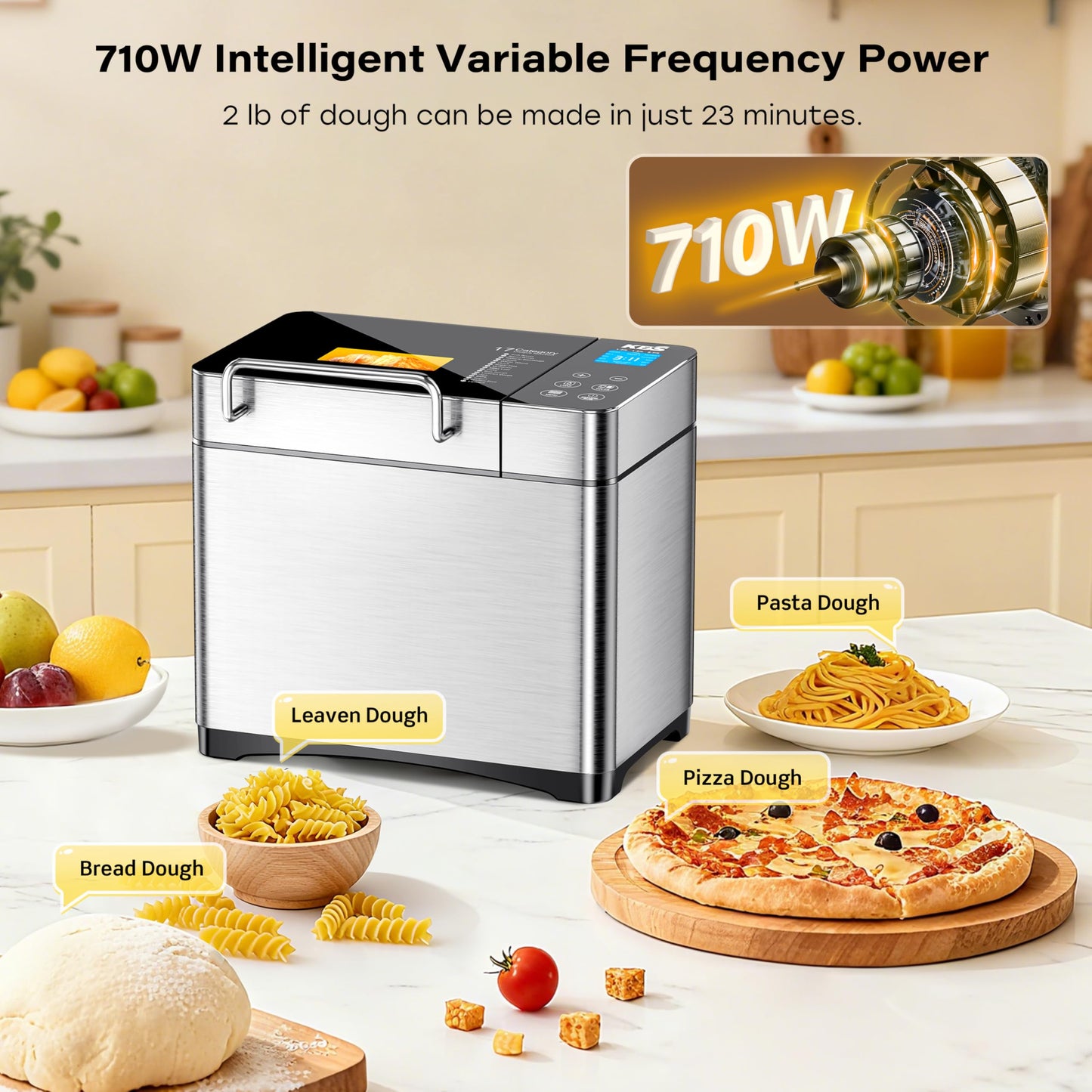 KBS Pro 710W 2LB Bread Maker, Stainless Steel 17 - in - 1 Smart Bread Machine with Healthy Ceramic Pan, Automatic Nut Dispenser, Tempered Glass Touch Panel, 3 Crust Colors, 15H Timer& Keep - Warm, Recipes - SkinNails&Makeup