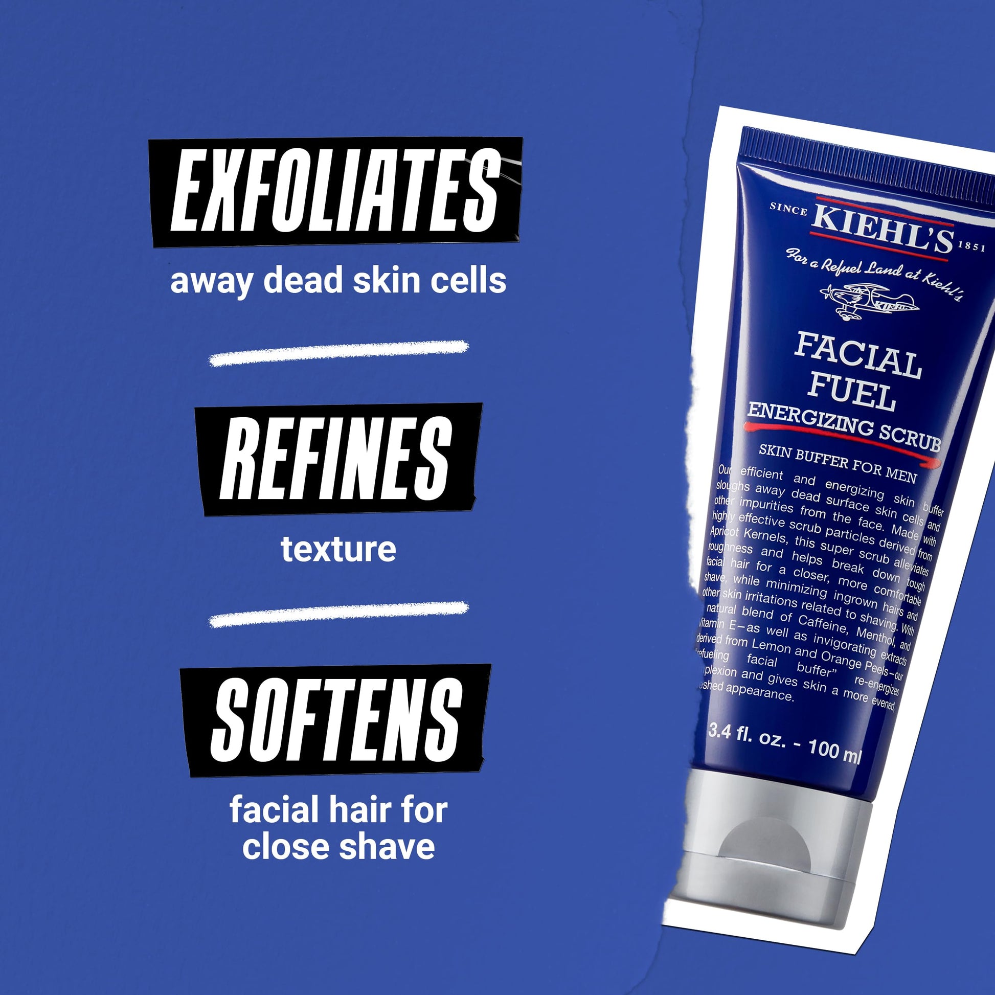 Kiehl's Facial Fuel Exfoliating Face Scrub, Facial Cleanser for Men, Smooths Skin & Removes Dead Skin, Dirt & Oil, Helps Soften Tough Facial Hair, with Caffeine, Menthol, Vitamin E - 3.4 fl oz - SkinNails&Makeup