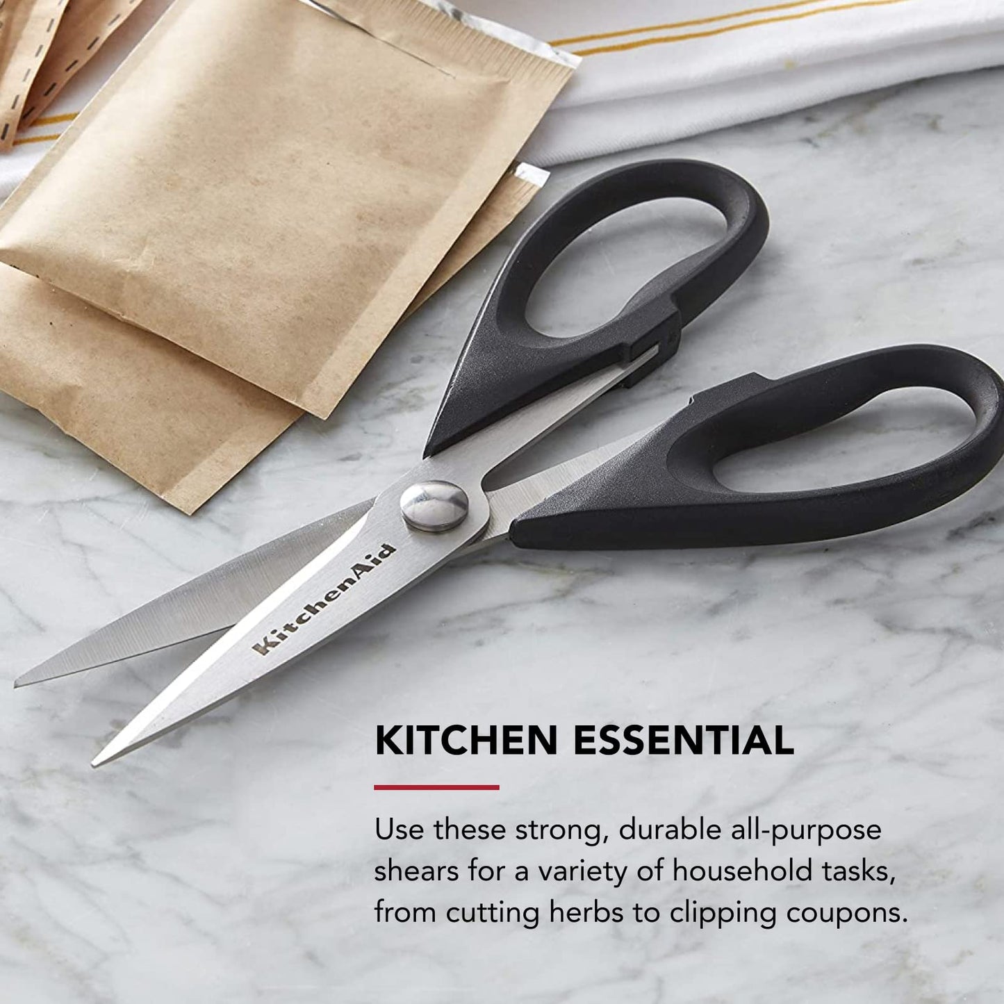 KitchenAid All Purpose Kitchen Shears with Protective Sheath Durable Stainless Steel Scissors, Dishwasher Safe, Soft Grip Comfort Handle, 8.72 Inch, Black - SkinNails&Makeup