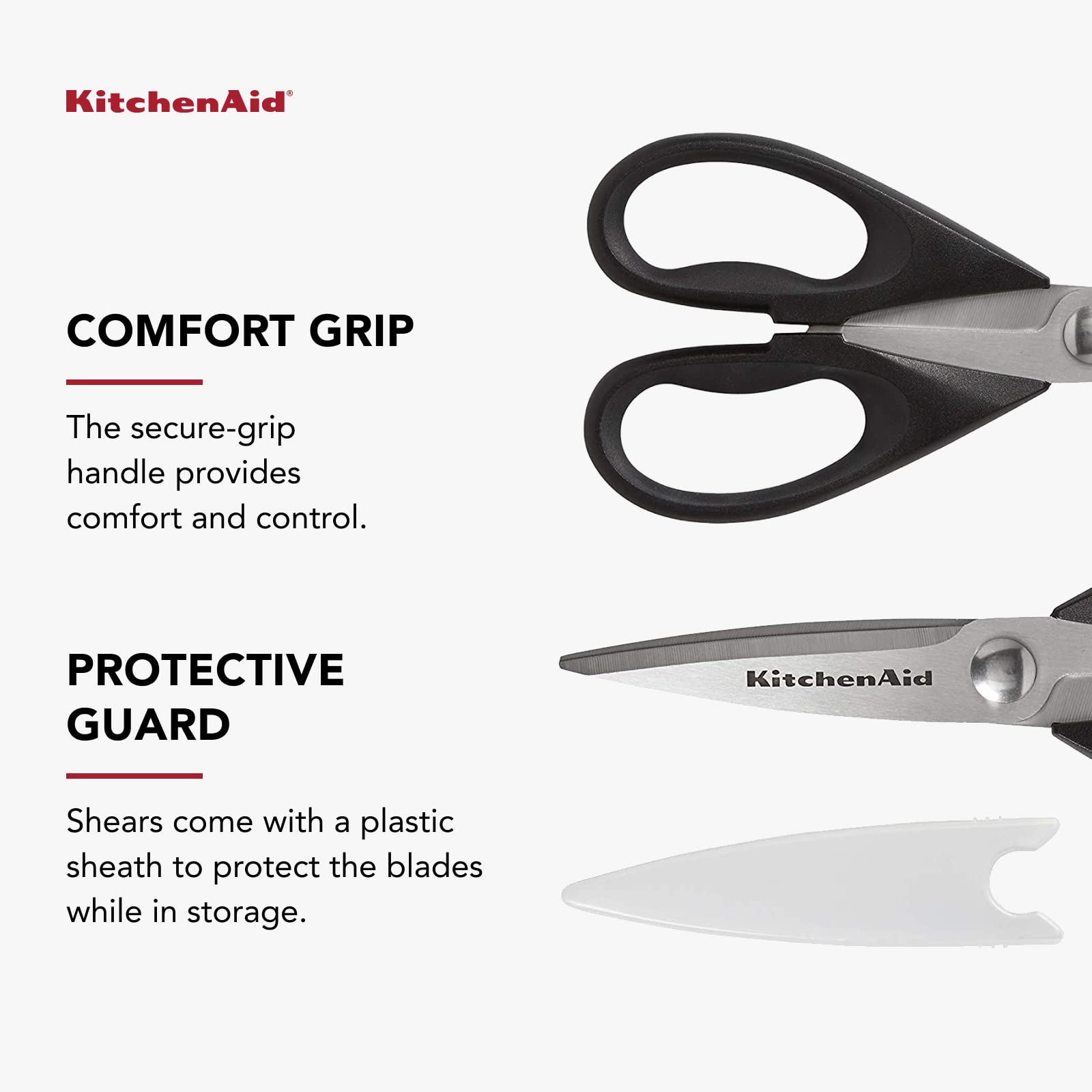 KitchenAid All Purpose Kitchen Shears with Protective Sheath Durable Stainless Steel Scissors, Dishwasher Safe, Soft Grip Comfort Handle, 8.72 Inch, Black - SkinNails&Makeup