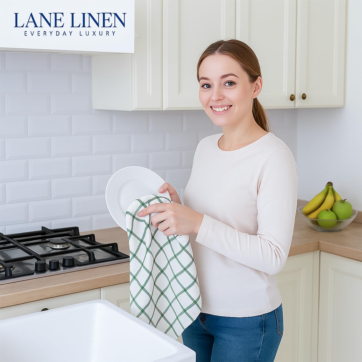 LANE LINEN Cotton Kitchen Towels Set, 6-Pack – Absorbent, Quick-Drying Dish Towels, 18" x 28", Premium Hand and Tea Towels - Olive - SkinNails&Makeup