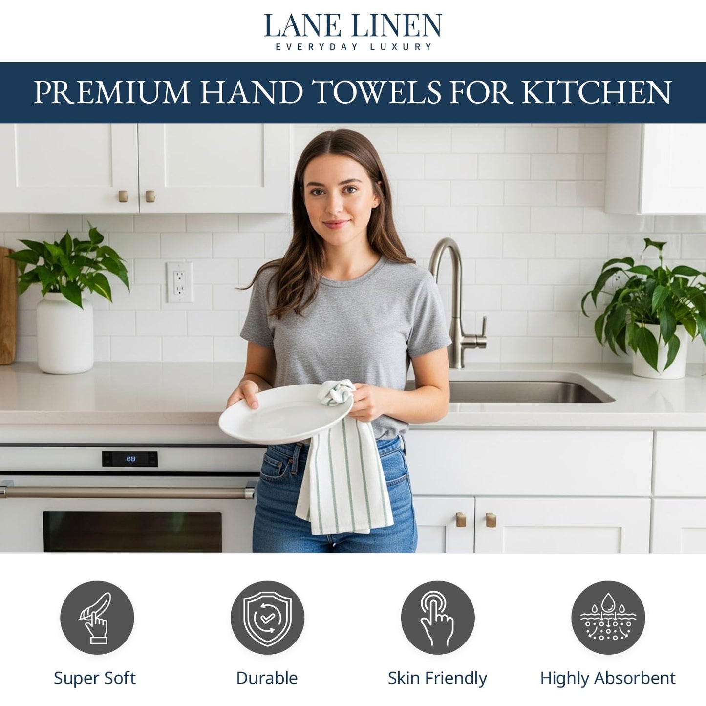 LANE LINEN Cotton Kitchen Towels Set, 6-Pack – Absorbent, Quick-Drying Dish Towels, 18" x 28", Premium Hand and Tea Towels - Olive - SkinNails&Makeup