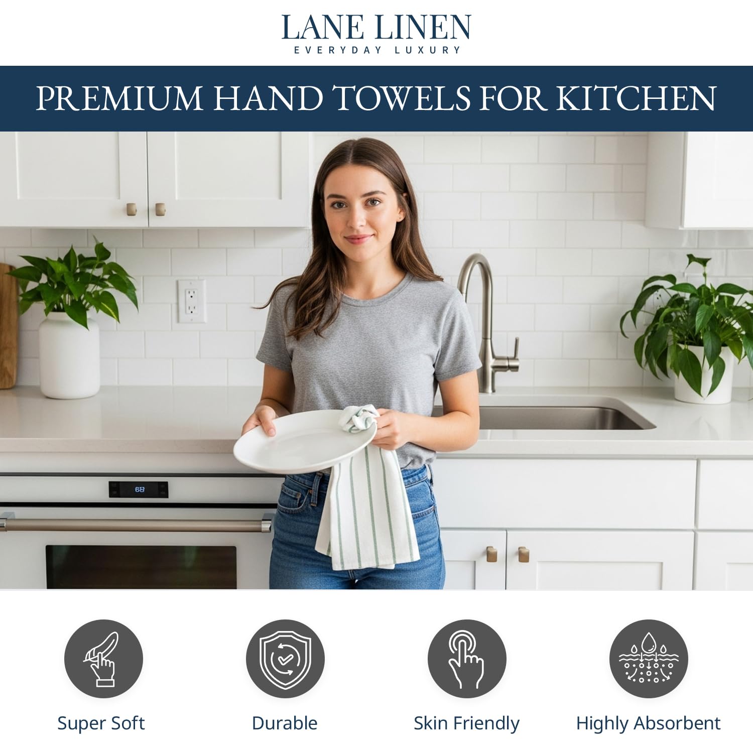 LANE LINEN Cotton Kitchen Towels Set, 6-Pack – Absorbent, Quick-Drying Dish Towels, 18" x 28", Premium Hand and Tea Towels - Olive - SkinNails&Makeup