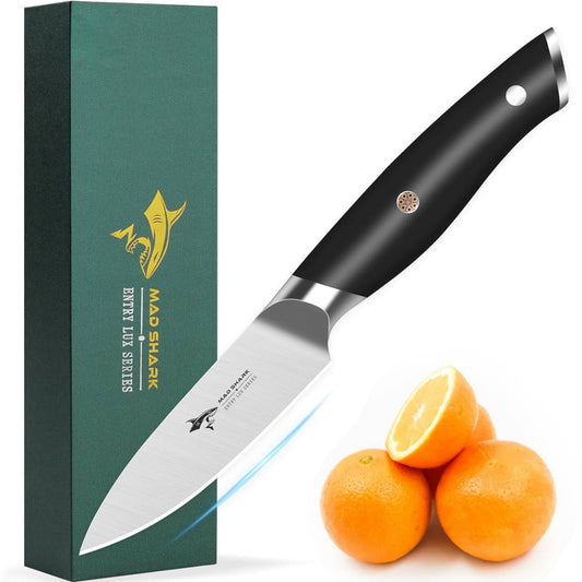 MAD SHARK 3.5 inch Paring Knife, Small Kitchen Knives Ergonomic Handle, Ultra Sharp Fruit Knife for Fruits,Vegetables, Forged Synergy by German Stainless Steel - SkinNails&Makeup