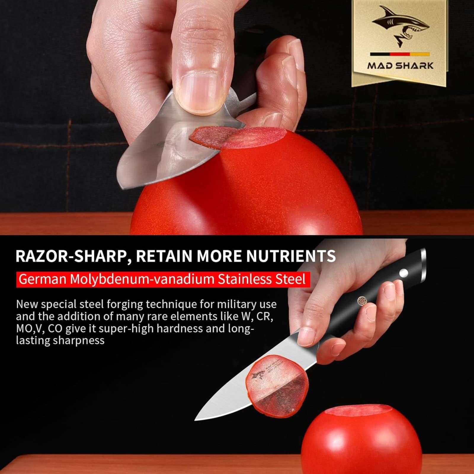 MAD SHARK 3.5 inch Paring Knife, Small Kitchen Knives Ergonomic Handle, Ultra Sharp Fruit Knife for Fruits,Vegetables, Forged Synergy by German Stainless Steel - SkinNails&Makeup