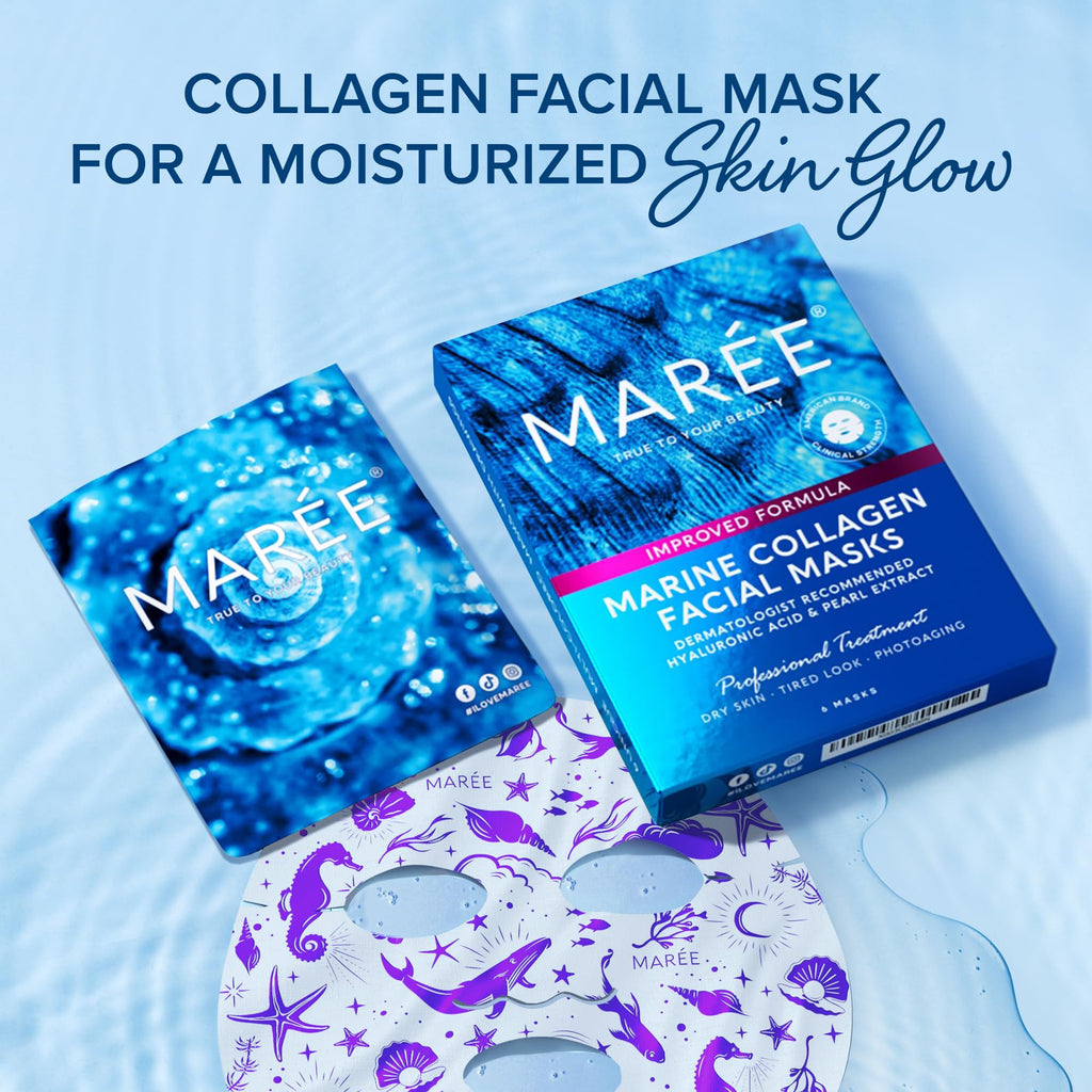 MAREE Collagen Facial Mask with Hyaluronic Acid — Sheet Face Mask Skincare — Centella Asiatica, Green & Red Algae Extract — Hydrating Facemask For Women Skin Care — Mascarillas Para La Cara — 6 Count - SkinNails&Makeup