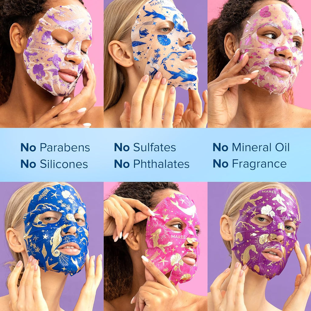 MAREE Collagen Facial Mask with Hyaluronic Acid — Sheet Face Mask Skincare — Centella Asiatica, Green & Red Algae Extract — Hydrating Facemask For Women Skin Care — Mascarillas Para La Cara — 6 Count - SkinNails&Makeup
