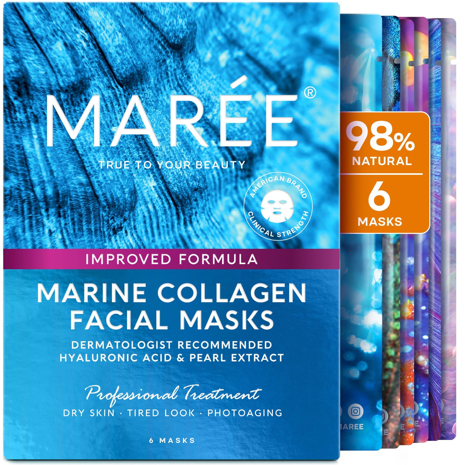 MAREE Collagen Facial Mask with Hyaluronic Acid — Sheet Face Mask Skincare — Centella Asiatica, Green & Red Algae Extract — Hydrating Facemask For Women Skin Care — Mascarillas Para La Cara — 6 Count - SkinNails&Makeup