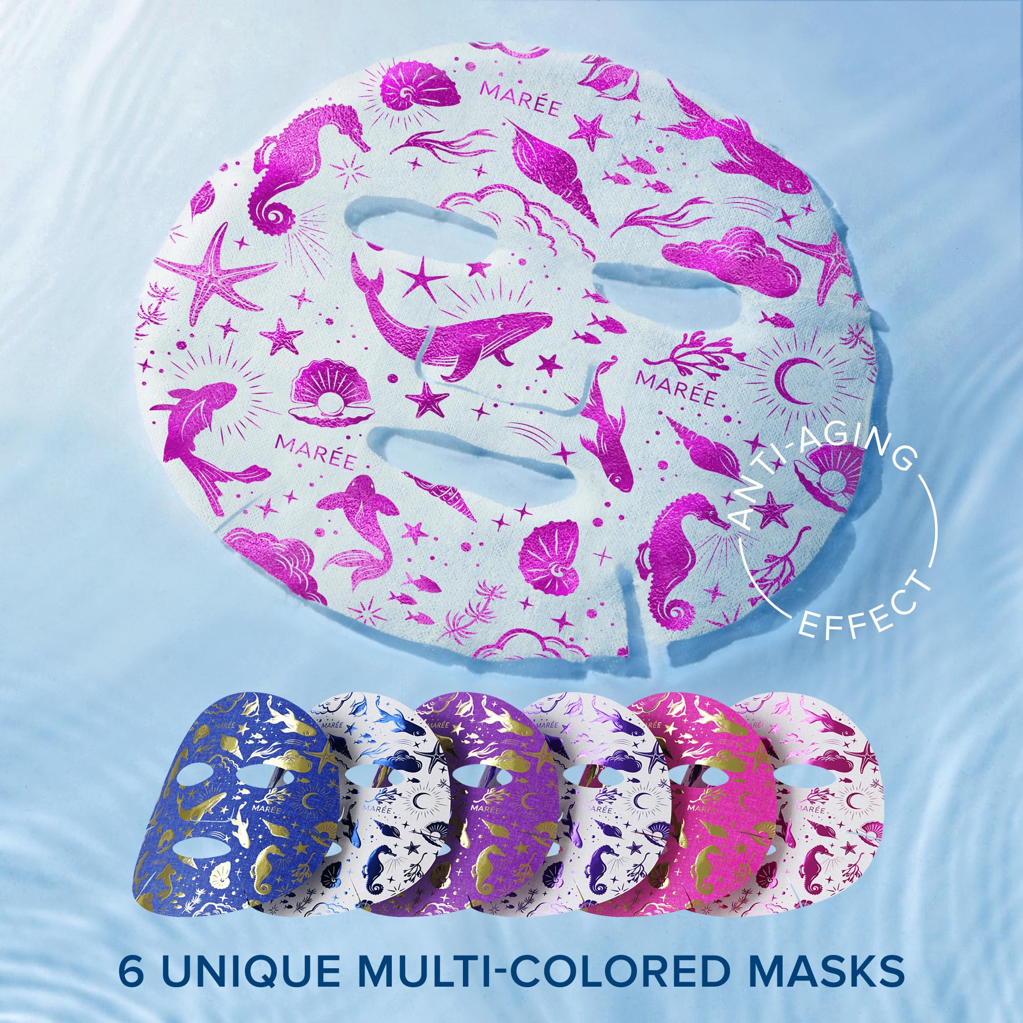 MAREE Collagen Facial Mask with Hyaluronic Acid — Sheet Face Mask Skincare — Centella Asiatica, Green & Red Algae Extract — Hydrating Facemask For Women Skin Care — Mascarillas Para La Cara — 6 Count - SkinNails&Makeup