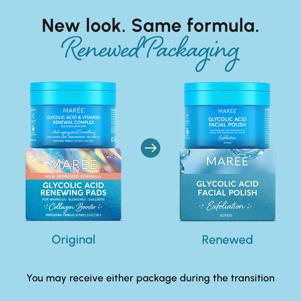 MAREE Glycolic Acid Pads - Toner Pads for Face Cleansing - Exfoliating Pad with Tea Tree Oil, Salicylic Acid & Vitamins E, B3, B5 - Acne Clearing, Skin Pore Resurfacing & Radiance Device - 50 Count - SkinNails&Makeup