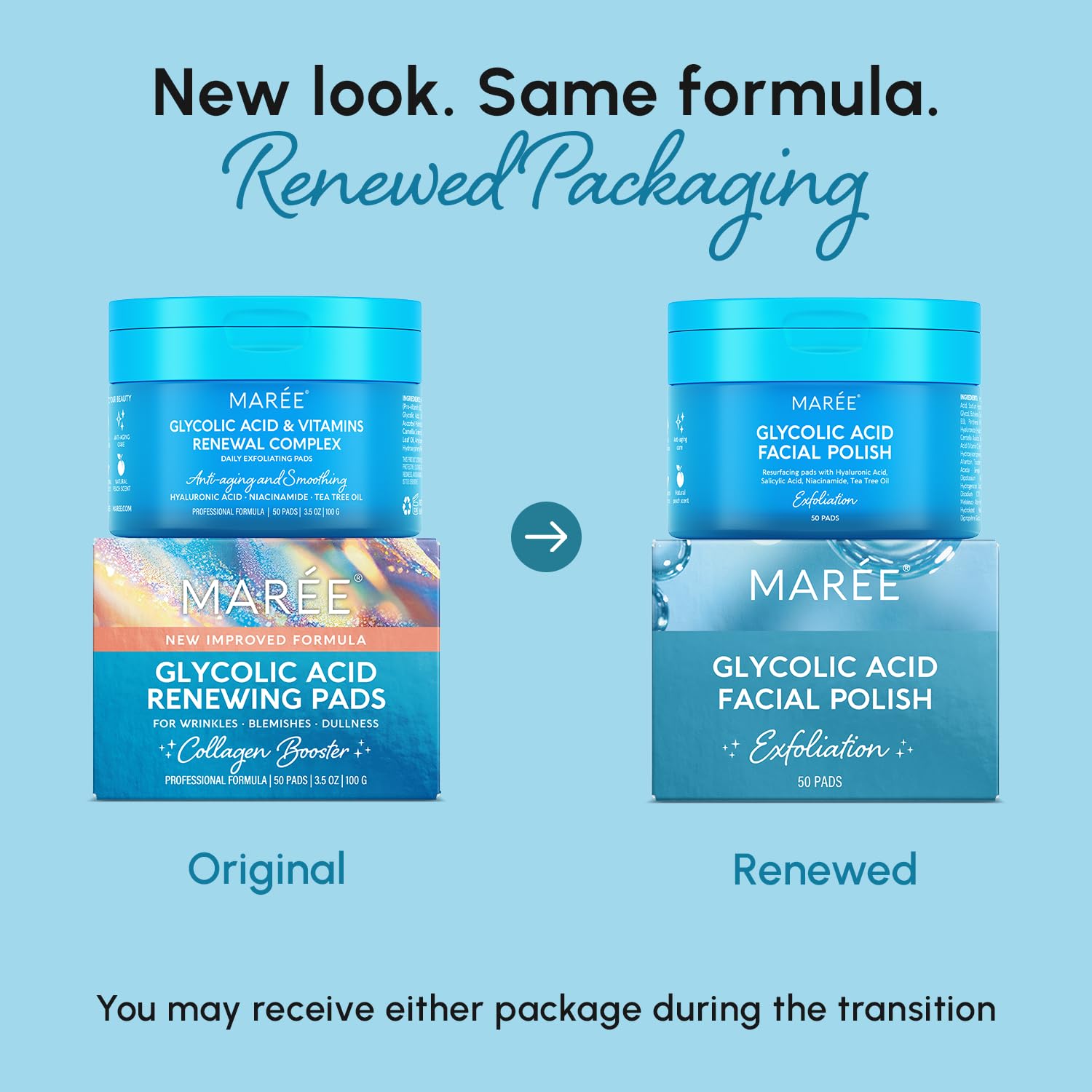 MAREE Glycolic Acid Pads - Toner Pads for Face Cleansing - Exfoliating Pad with Tea Tree Oil, Salicylic Acid & Vitamins E, B3, B5 - Acne Clearing, Skin Pore Resurfacing & Radiance Device - 50 Count - SkinNails&Makeup