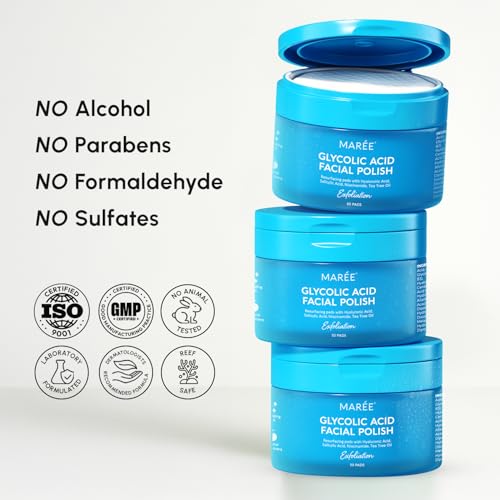 MAREE Glycolic Acid Pads - Toner Pads for Face Cleansing - Exfoliating Pad with Tea Tree Oil, Salicylic Acid & Vitamins E, B3, B5 - Acne Clearing, Skin Pore Resurfacing & Radiance Device - 50 Count - SkinNails&Makeup
