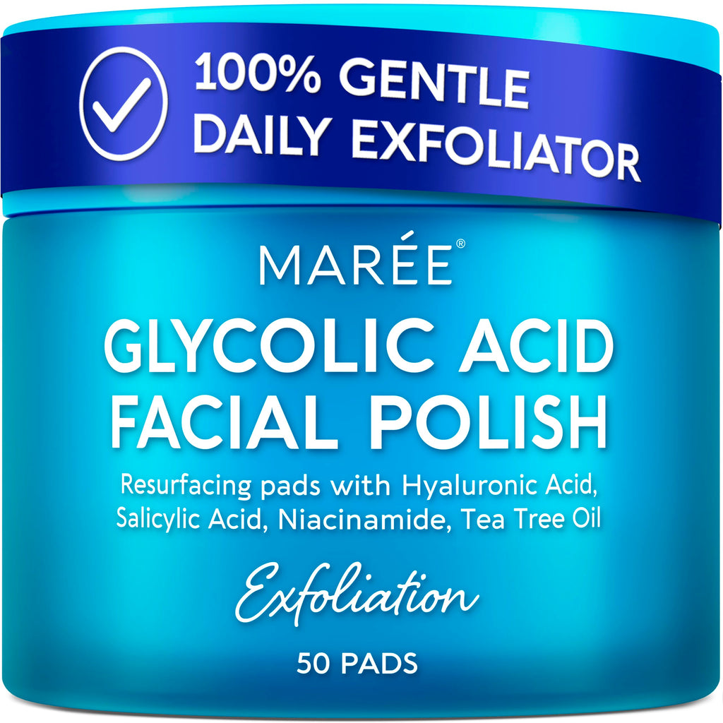MAREE Glycolic Acid Pads - Toner Pads for Face Cleansing - Exfoliating Pad with Tea Tree Oil, Salicylic Acid & Vitamins E, B3, B5 - Acne Clearing, Skin Pore Resurfacing & Radiance Device - 50 Count - SkinNails&Makeup