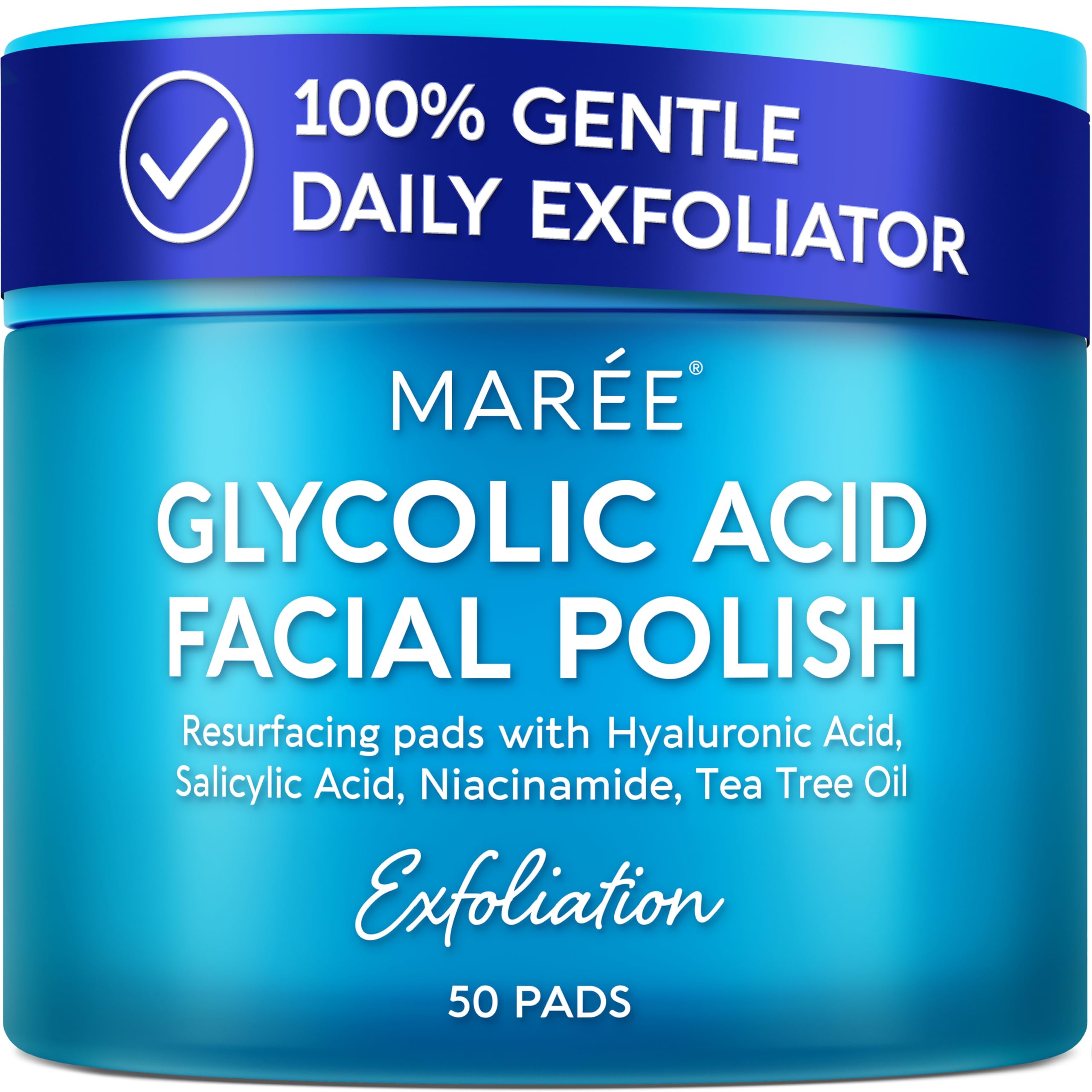 MAREE Glycolic Acid Pads - Toner Pads for Face Cleansing - Exfoliating Pad with Tea Tree Oil, Salicylic Acid & Vitamins E, B3, B5 - Acne Clearing, Skin Pore Resurfacing & Radiance Device - 50 Count - SkinNails&Makeup