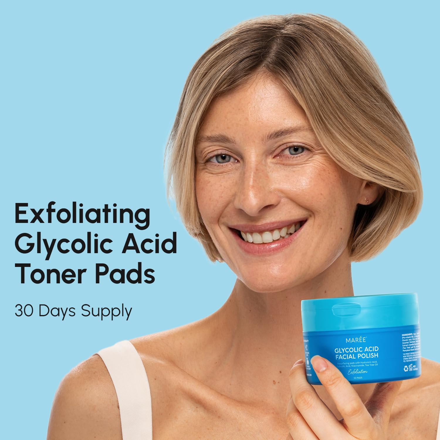 MAREE Glycolic Acid Pads - Toner Pads for Face Cleansing - Exfoliating Pad with Tea Tree Oil, Salicylic Acid & Vitamins E, B3, B5 - Acne Clearing, Skin Pore Resurfacing & Radiance Device - 50 Count - SkinNails&Makeup