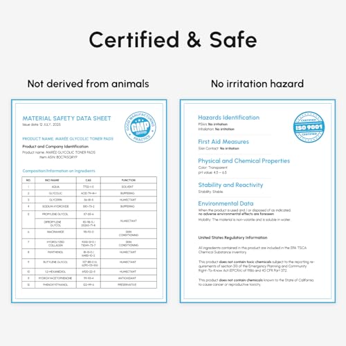 MAREE Glycolic Acid Pads - Toner Pads for Face Cleansing - Exfoliating Pad with Tea Tree Oil, Salicylic Acid & Vitamins E, B3, B5 - Acne Clearing, Skin Pore Resurfacing & Radiance Device - 50 Count - SkinNails&Makeup