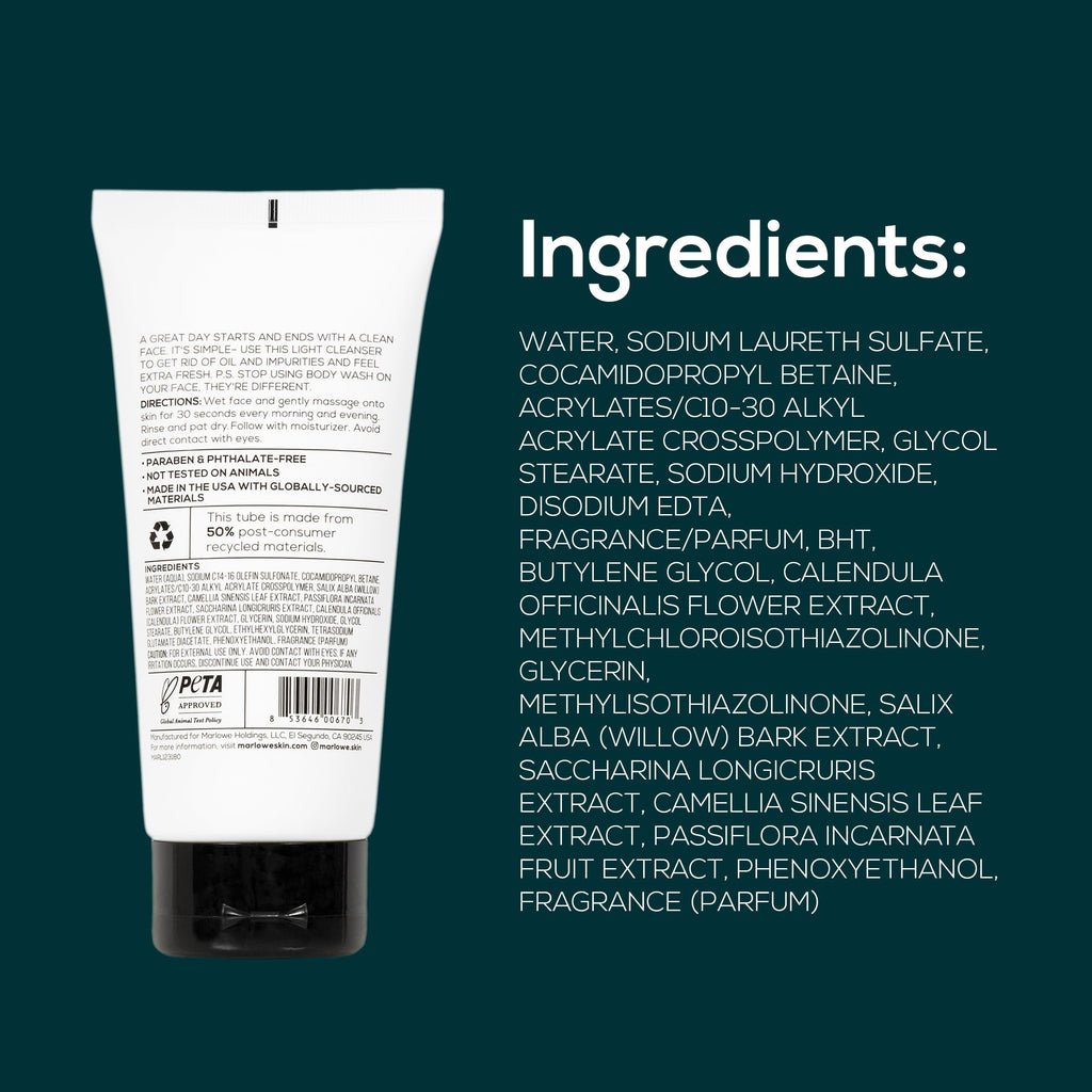 MARLOWE. No. 121 Facial Cleanser 6 oz, Daily Mens Face Wash with Natural Extracts & Antioxidants, Soothes, Purifies, Refreshes, Thick Lather, Fresh Woodsy Scent - SkinNails&Makeup