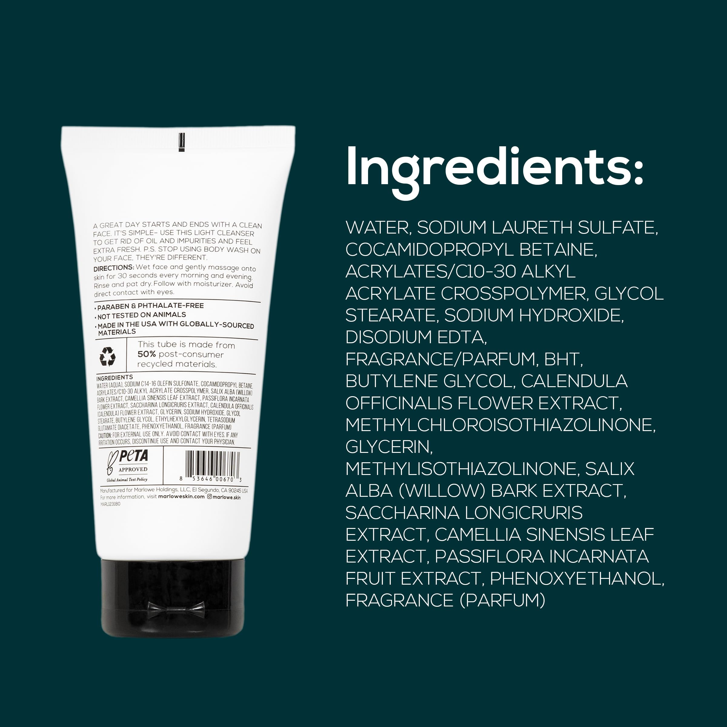 MARLOWE. No. 121 Facial Cleanser 6 oz, Daily Mens Face Wash with Natural Extracts & Antioxidants, Soothes, Purifies, Refreshes, Thick Lather, Fresh Woodsy Scent - SkinNails&Makeup