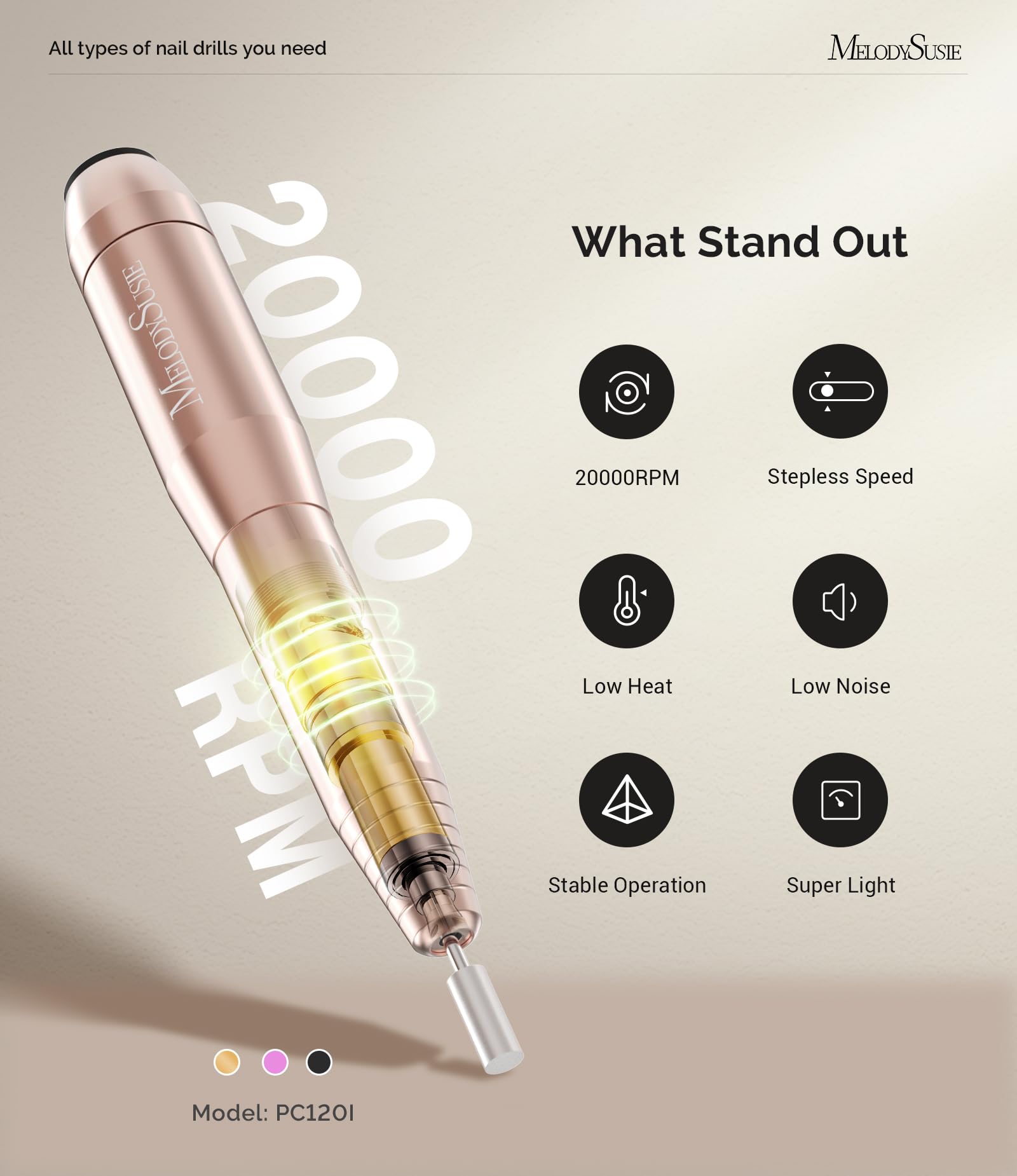 MelodySusie Pen - Shaped Portable USB Nail Drill, PC120I 20000RPM Electric Nail File with Compact Design for All Nail Care, Manicure Polishing, Shaping & Gel Removal at Home for Beginners - SkinNails&Makeup