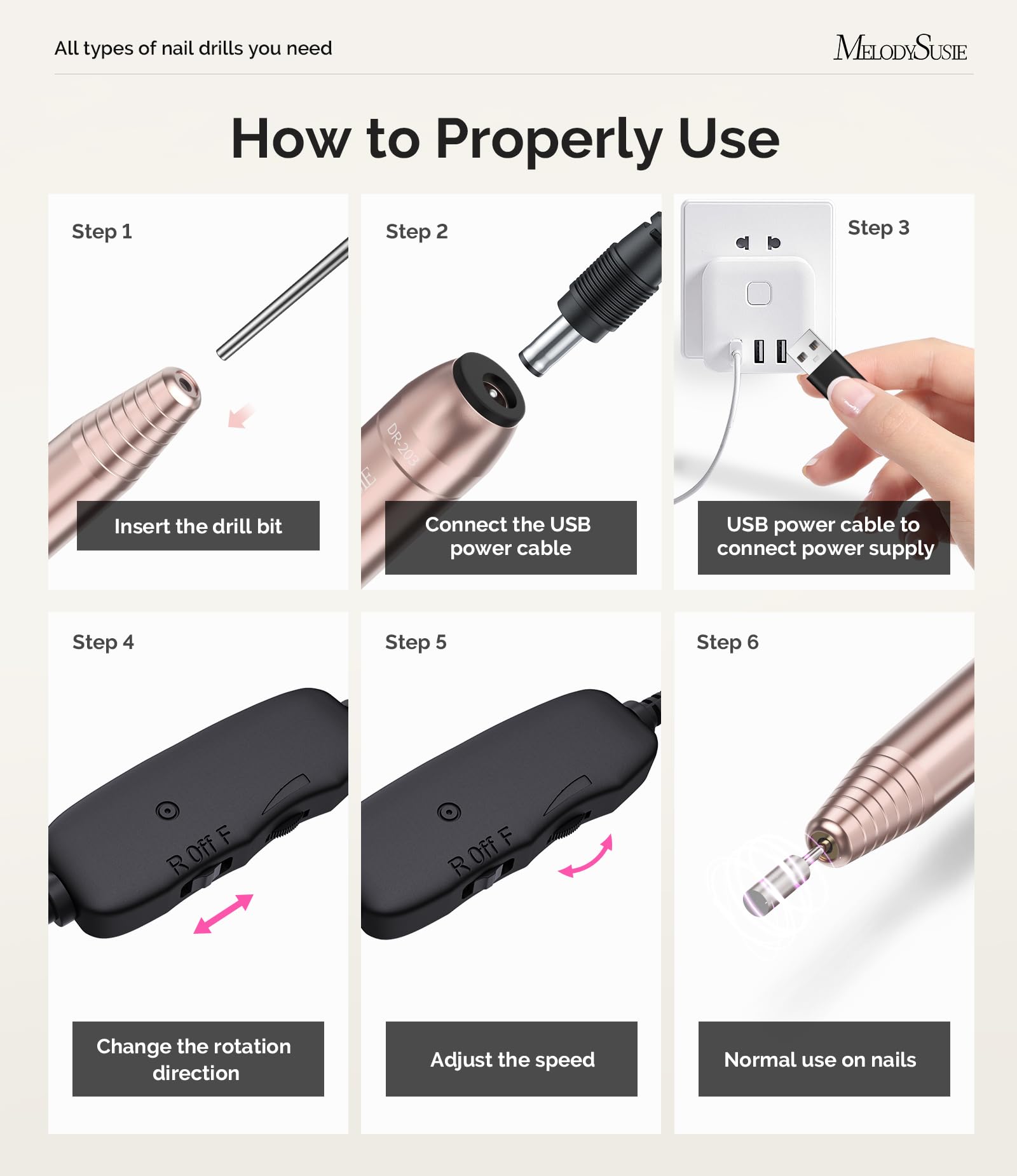 MelodySusie Pen - Shaped Portable USB Nail Drill, PC120I 20000RPM Electric Nail File with Compact Design for All Nail Care, Manicure Polishing, Shaping & Gel Removal at Home for Beginners - SkinNails&Makeup