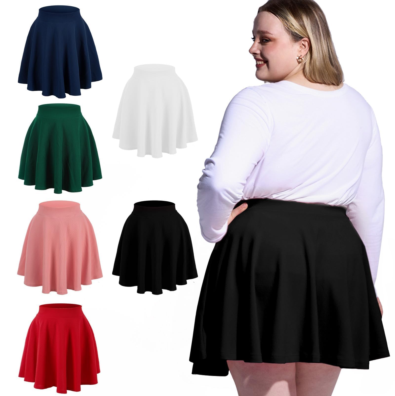 Moon Wood Women's Plus Size Mini Skater Skirt - Basic Versatile High Waisted Flared Casual Stretchy Skirts Black - SkinNails&Makeup