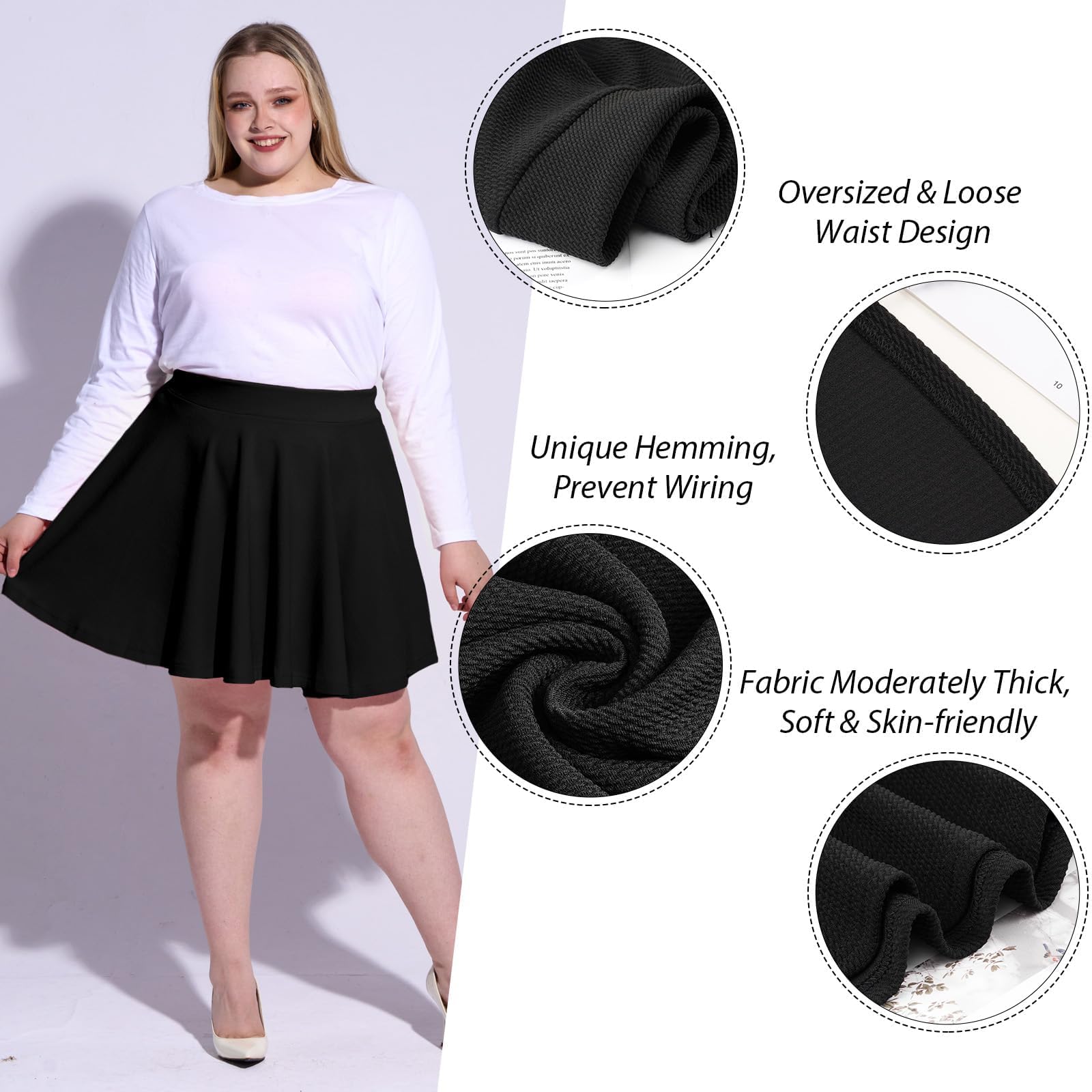 Moon Wood Women's Plus Size Mini Skater Skirt - Basic Versatile High Waisted Flared Casual Stretchy Skirts Black - SkinNails&Makeup