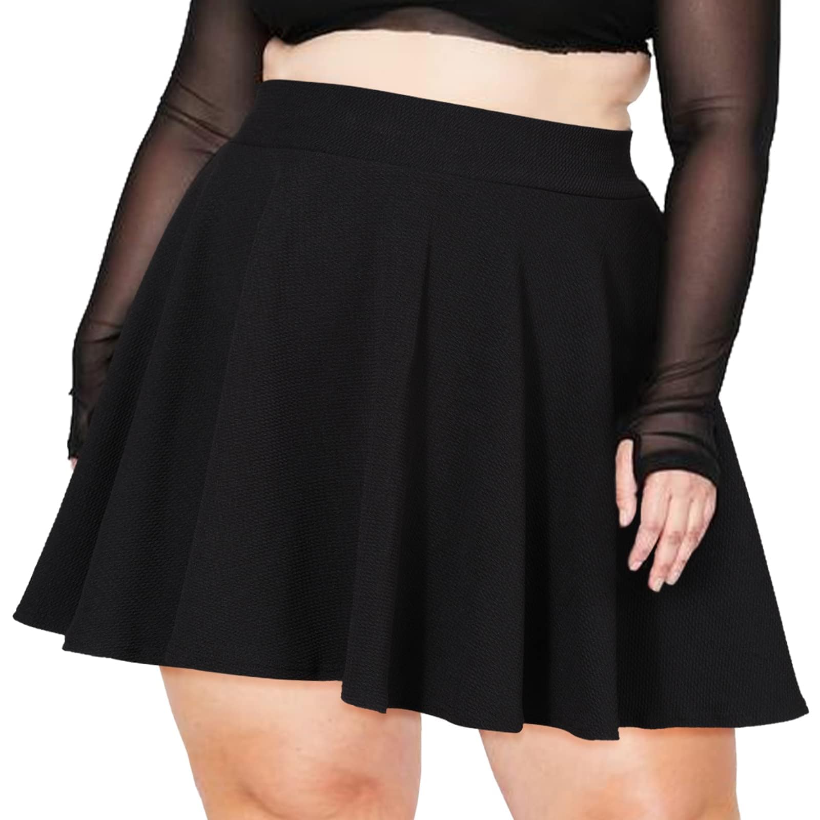 Moon Wood Women's Plus Size Mini Skater Skirt - Basic Versatile High Waisted Flared Casual Stretchy Skirts Black - SkinNails&Makeup