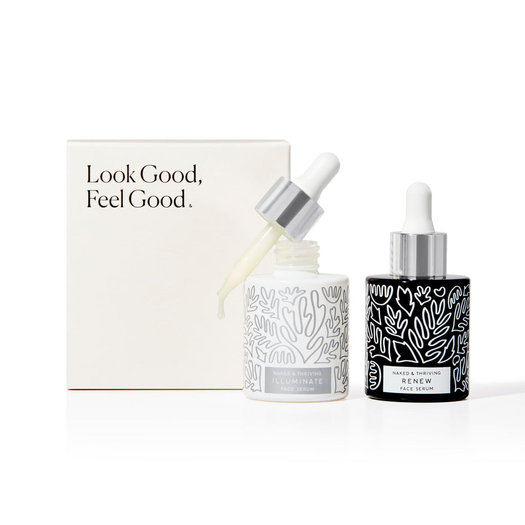 Naked & Thriving Wrinkle - Fighter Set, Includes Renew Resurfacing Night Serum (30 mL) & Illuminate C+ Serum (30 mL), Clinical Results, Dermatologist Loved, Hylauronic Acid & Bakuchiol (Set of 2) - SkinNails&Makeup