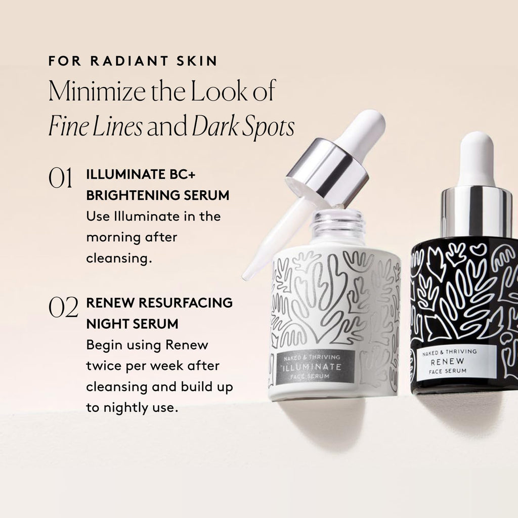 Naked & Thriving Wrinkle - Fighter Set, Includes Renew Resurfacing Night Serum (30 mL) & Illuminate C+ Serum (30 mL), Clinical Results, Dermatologist Loved, Hylauronic Acid & Bakuchiol (Set of 2) - SkinNails&Makeup