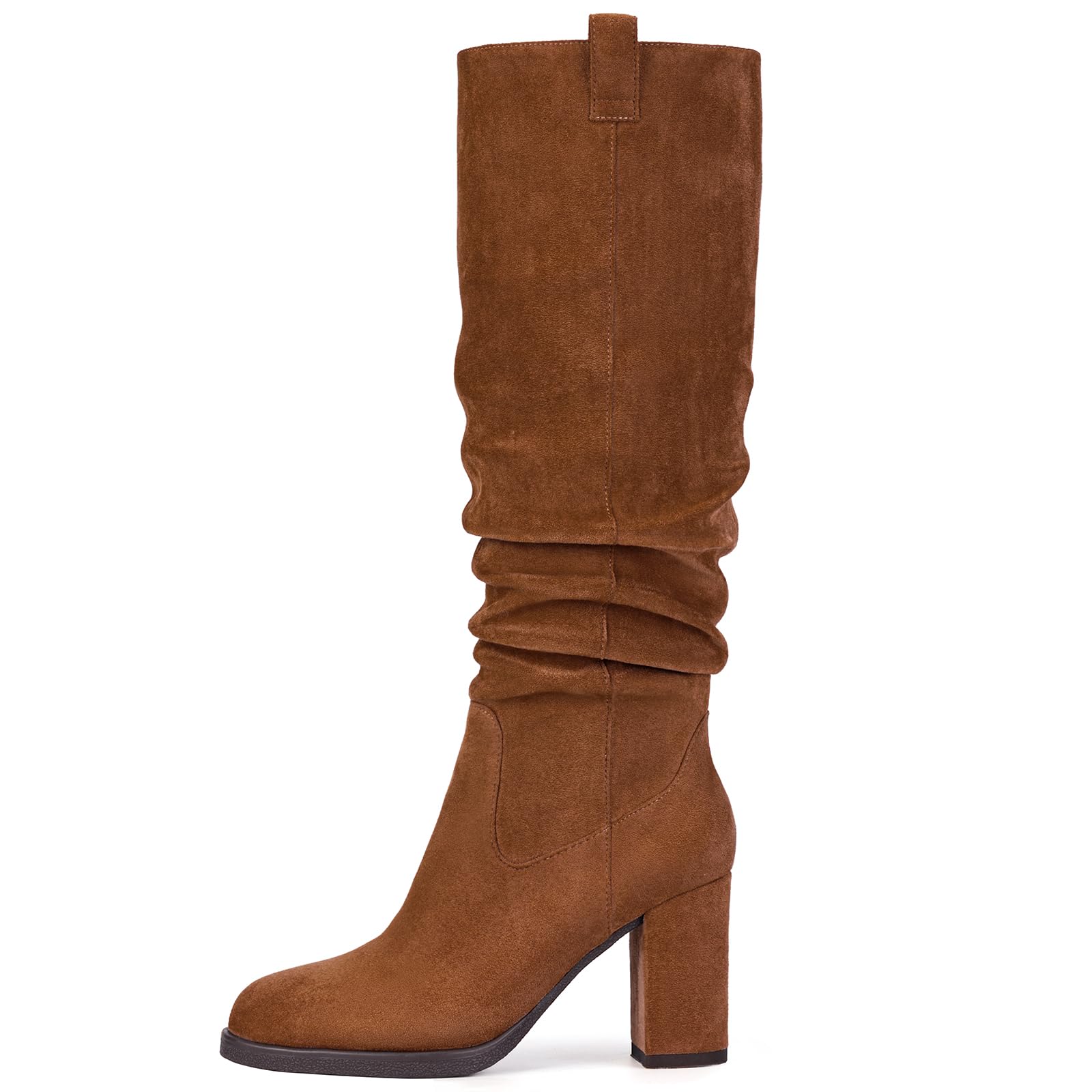 Pasuot Suede Knee High Boots for Women - Brown Tall Chunky High Heel Dress Boot with Side Zipper, Round Toe Ruched Slouch Block Long Boots for Ladies, Stylish Fall Boot for Work, Party Size 8 - SkinNails&Makeup