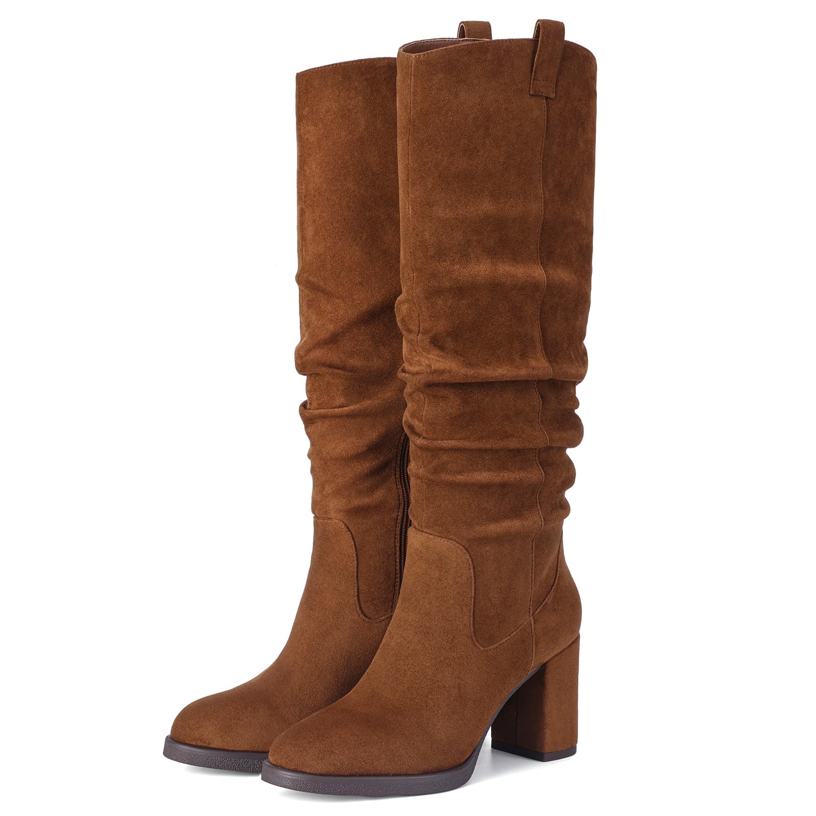 Pasuot Suede Knee High Boots for Women - Brown Tall Chunky High Heel Dress Boot with Side Zipper, Round Toe Ruched Slouch Block Long Boots for Ladies, Stylish Fall Boot for Work, Party Size 8 - SkinNails&Makeup