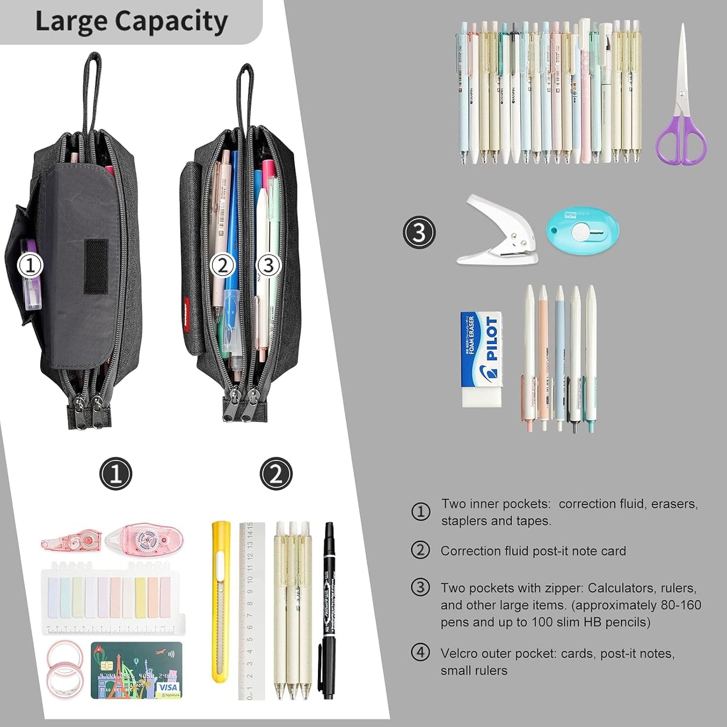 Pencil Case with Two Large Compartment Pockets Large Capacity Pencil Pouch Pencil Pouch Cosmetic Bag School Supplies Office Stationery Storage Gift for Students Girls Boys Adults Teenagers - Black - SkinNails&Makeup