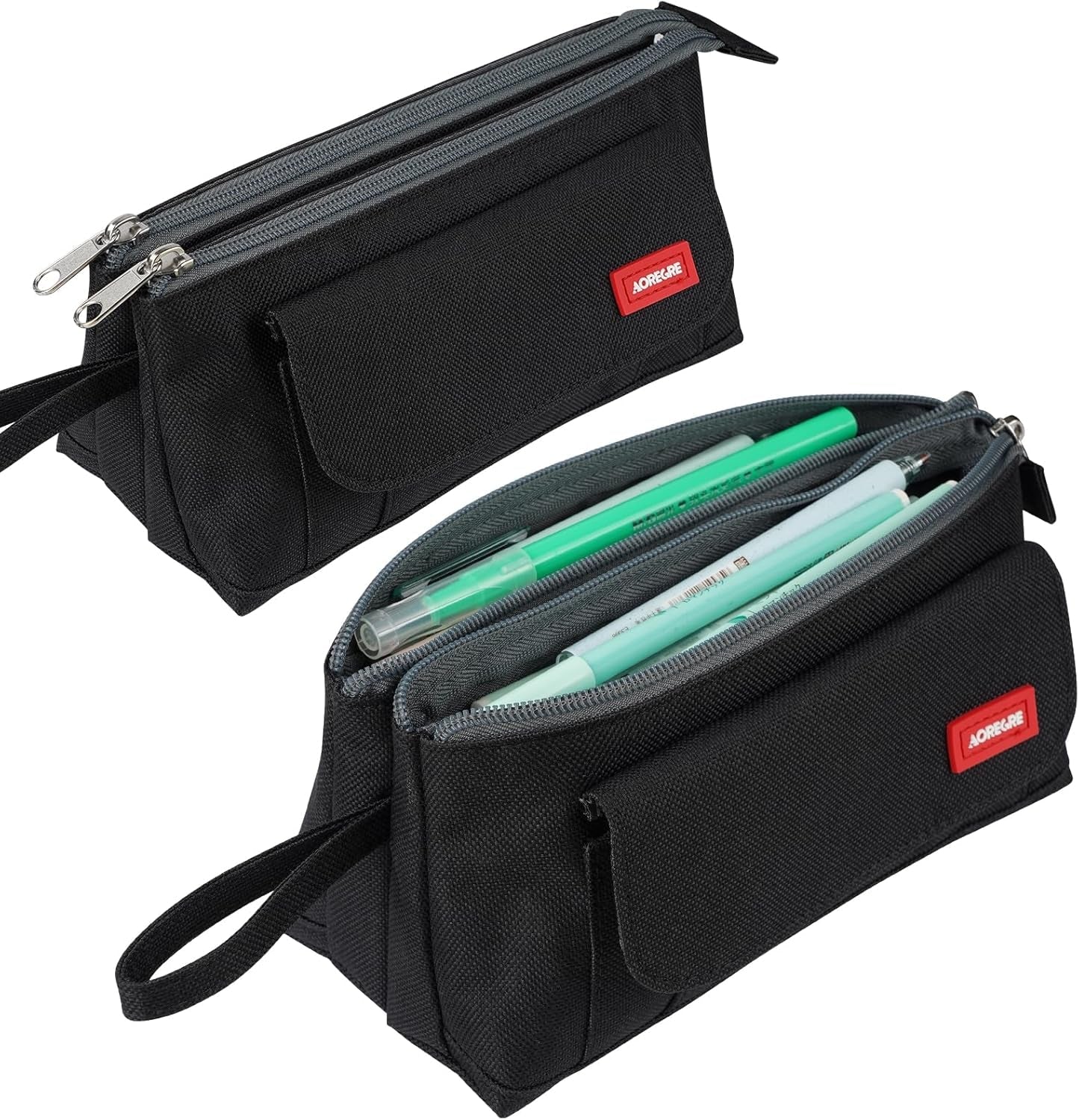 Pencil Case with Two Large Compartment Pockets Large Capacity Pencil Pouch Pencil Pouch Cosmetic Bag School Supplies Office Stationery Storage Gift for Students Girls Boys Adults Teenagers - Black - SkinNails&Makeup