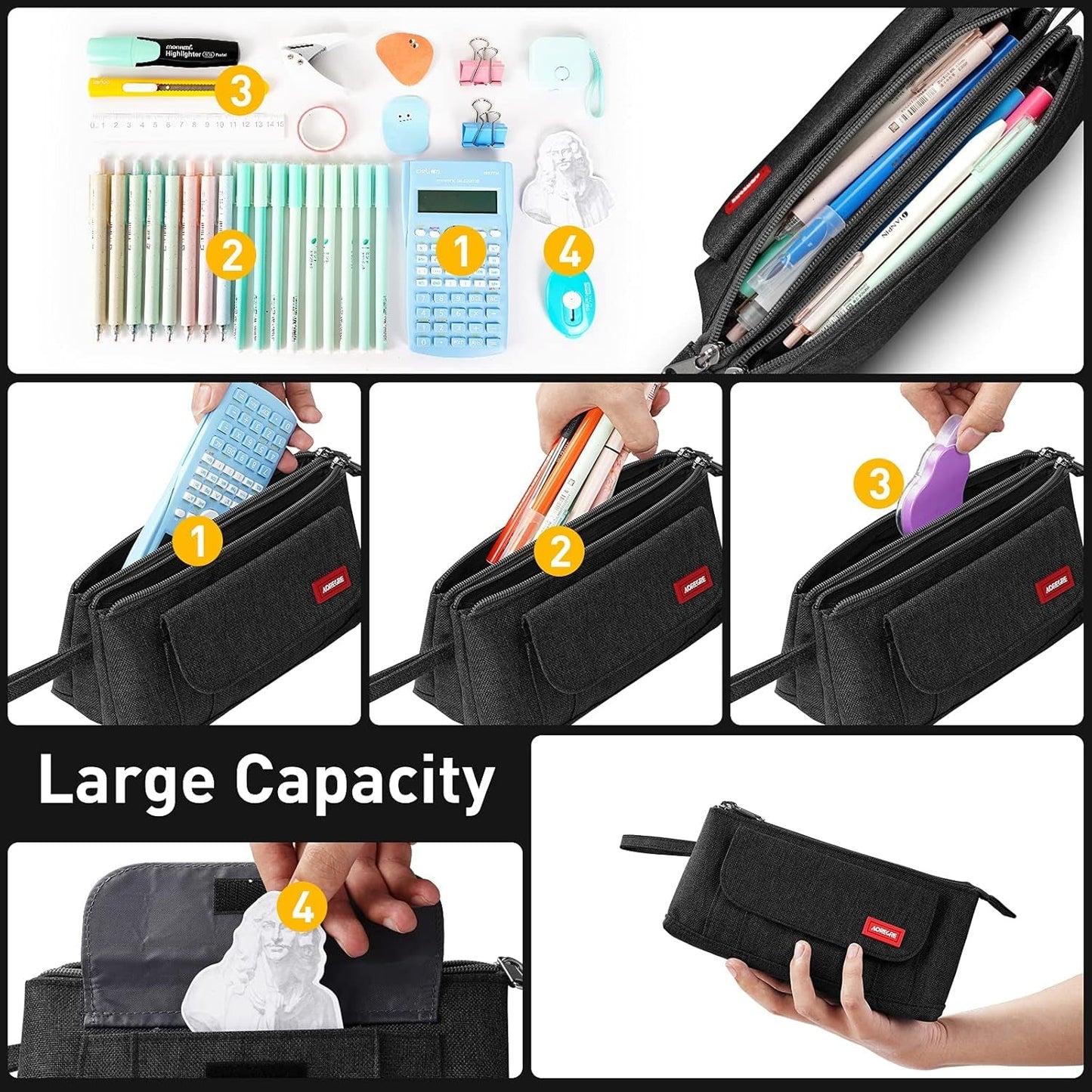 Pencil Case with Two Large Compartment Pockets Large Capacity Pencil Pouch Pencil Pouch Cosmetic Bag School Supplies Office Stationery Storage Gift for Students Girls Boys Adults Teenagers - Black - SkinNails&Makeup
