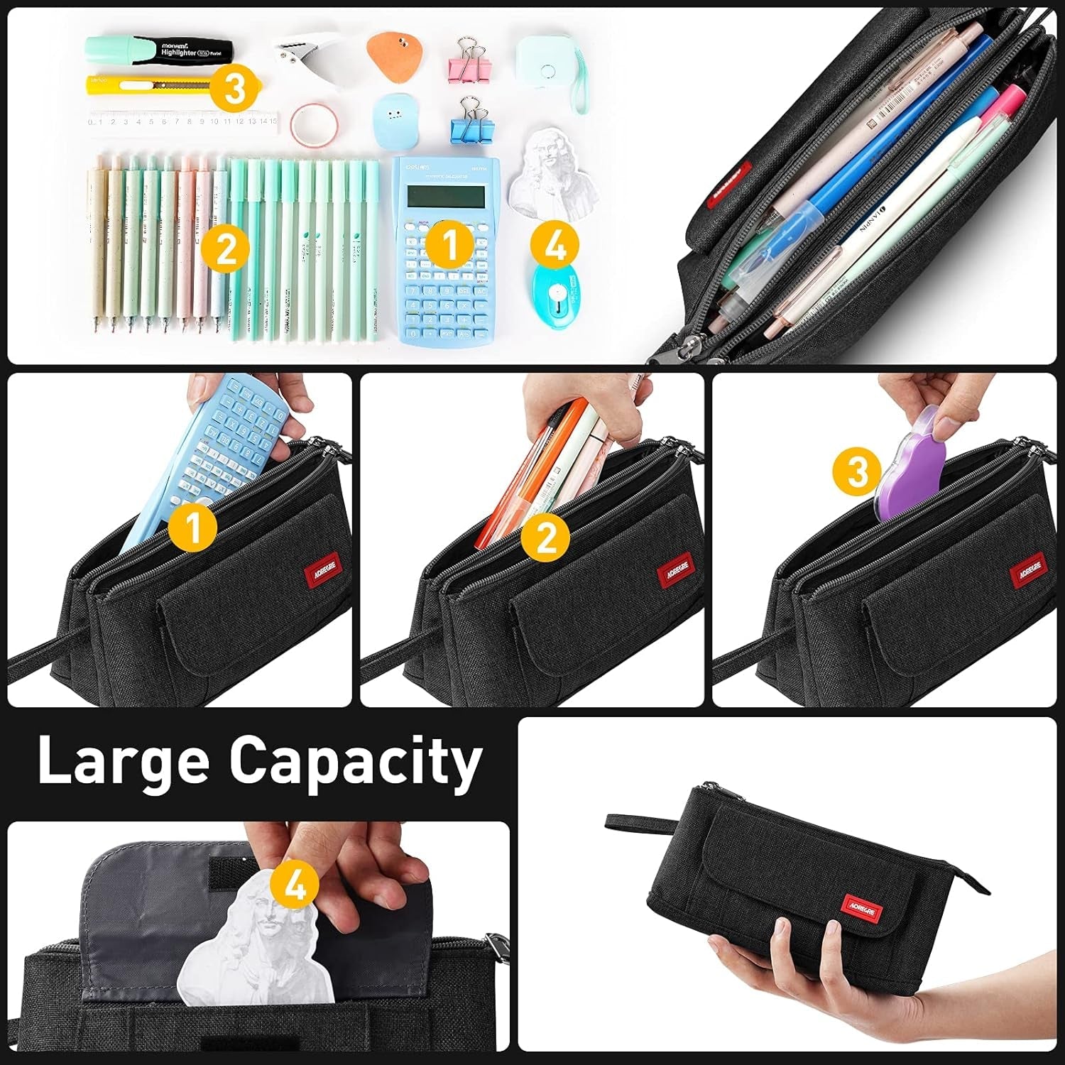 Pencil Case with Two Large Compartment Pockets Large Capacity Pencil Pouch Pencil Pouch Cosmetic Bag School Supplies Office Stationery Storage Gift for Students Girls Boys Adults Teenagers - Black - SkinNails&Makeup