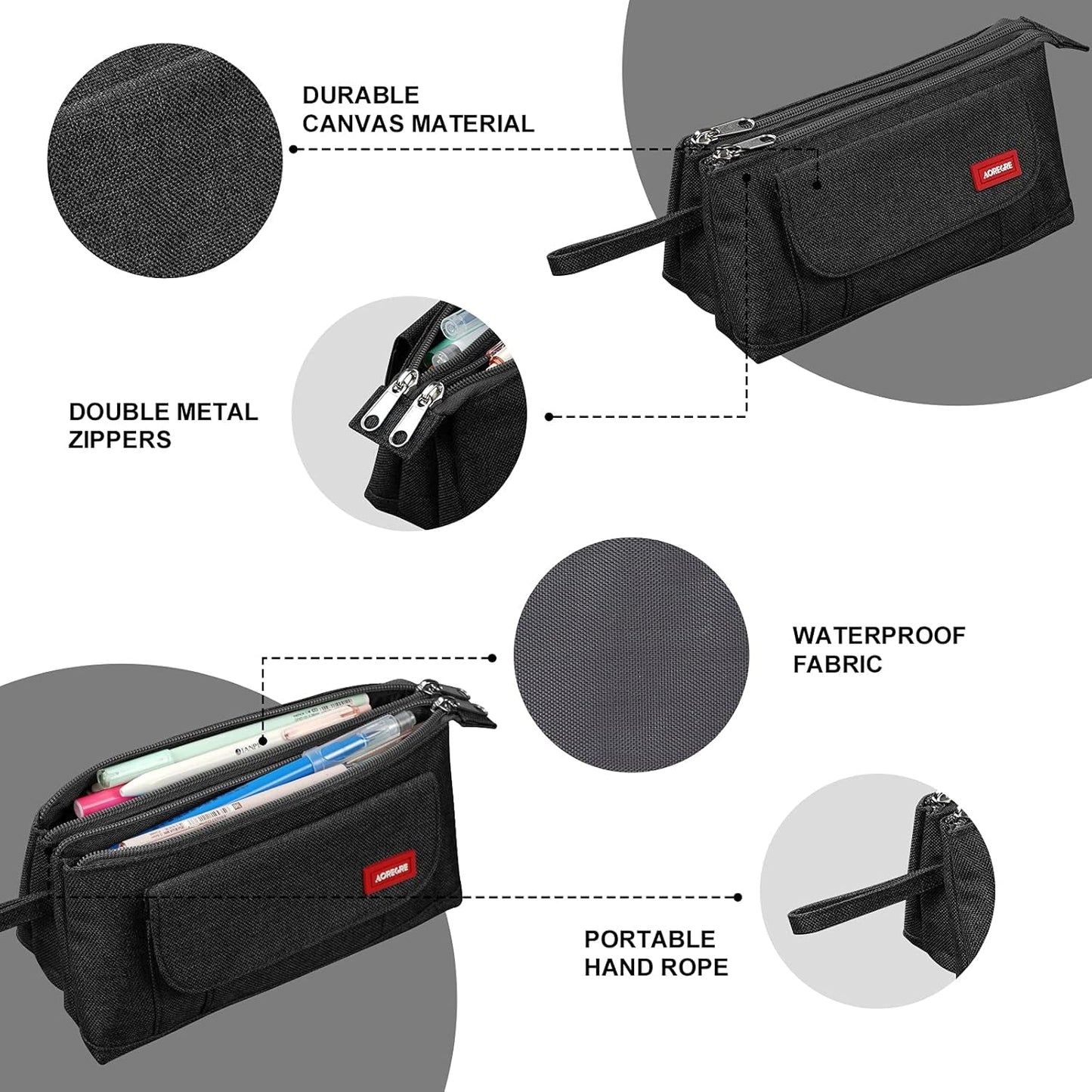 Pencil Case with Two Large Compartment Pockets Large Capacity Pencil Pouch Pencil Pouch Cosmetic Bag School Supplies Office Stationery Storage Gift for Students Girls Boys Adults Teenagers - Black - SkinNails&Makeup