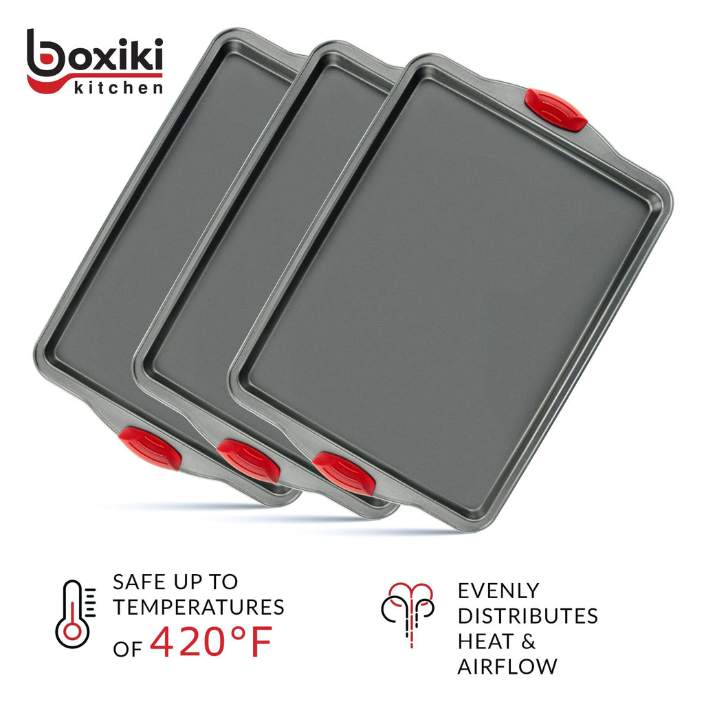 Premium Nonstick Baking Sheet Pans – Set of 3, Heavy - Gauge Carbon Steel, Warp, Dent, and Rust - Resistant – Gourmet Rimmed Half Cookie Sheet Trays, Non - Toxic for Exceptional Baking Performance - SkinNails&Makeup