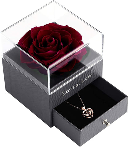 Preserved Real Wine Red Rose with Love You Necklace in 100 Languages Gift Set, Enchanted Real Rose Flower for Valentine'S Day Anniversary Wedding Bthday Romantic Gifts for Her (Wine Red Rose) - SkinNails&Makeup