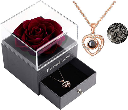 Preserved Real Wine Red Rose with Love You Necklace in 100 Languages Gift Set, Enchanted Real Rose Flower for Valentine'S Day Anniversary Wedding Bthday Romantic Gifts for Her (Wine Red Rose) - SkinNails&Makeup