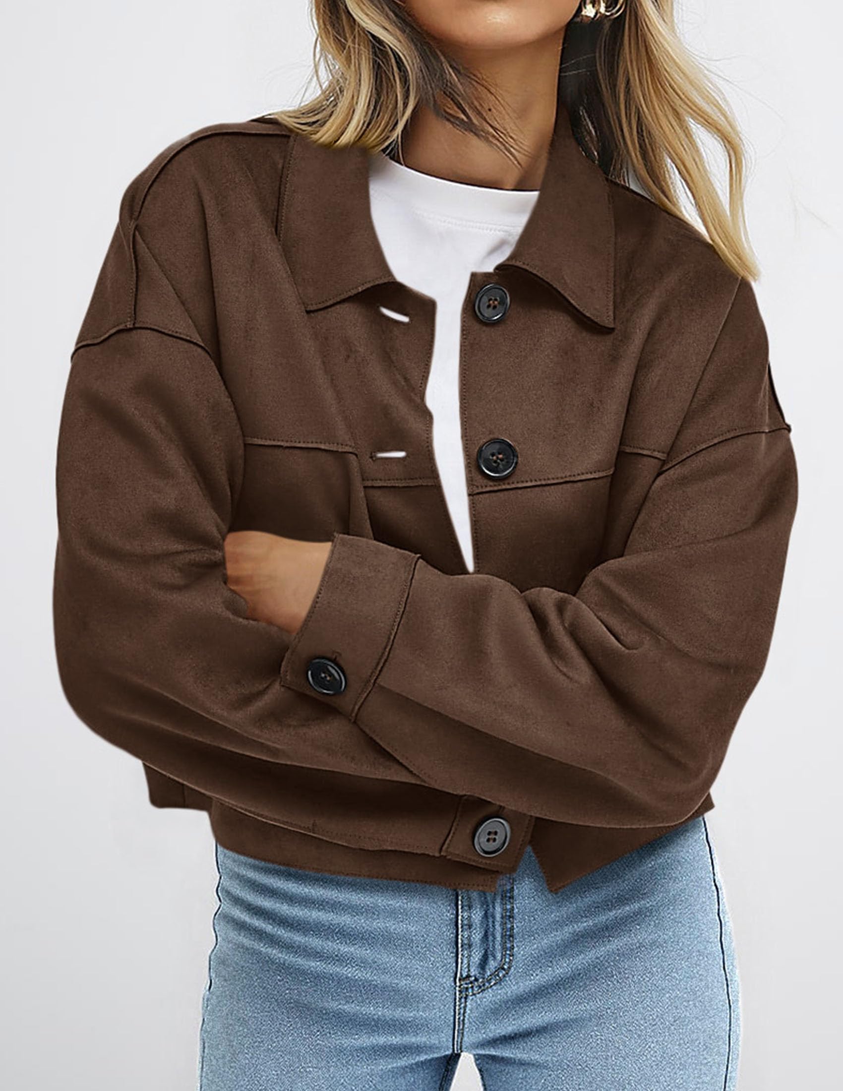 PRETTYGARDEN Women's Faux Suede Cropped Jacket Casual Lightweight Fall Fashion 2025 Winter Coats Outerwear Trendy Clothes (Dark Brown,Small) - SkinNails&Makeup