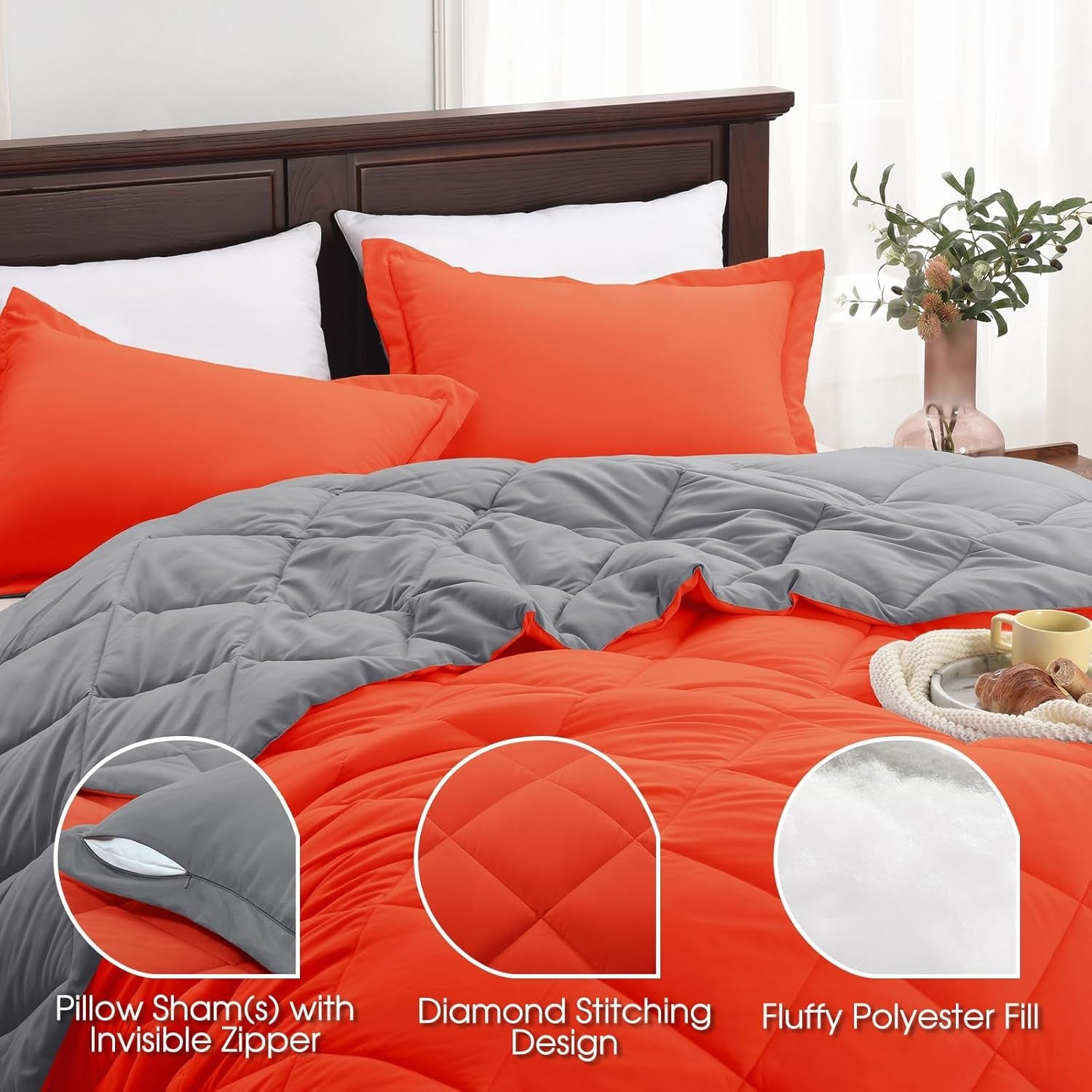 Queen Comforter Set - Orange Comforter Set Queen, Reversible Bed Comforter Queen Set for All Seasons, Flame/Charcoal Gray, 1 Comforter (88"X92") and 2 Pillow Shams (20"X26"+2") - SkinNails&Makeup